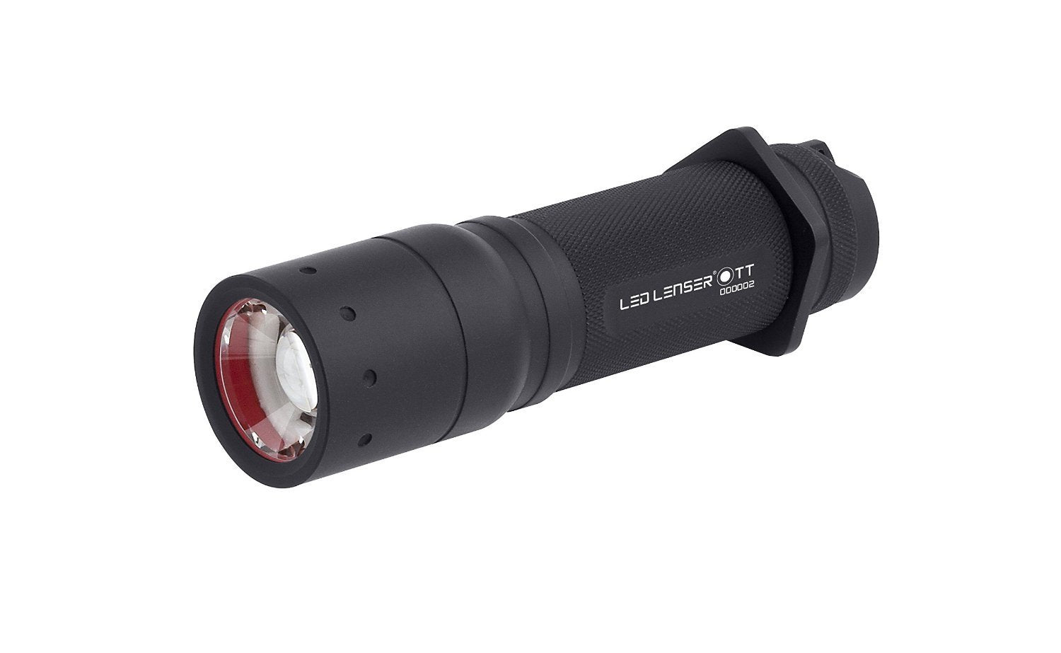Eine schwarze LED-Taschenlampe mit strukturiertem Griff und rot akzentuierter Linse, beschriftet mit "LEDLENSER TT" - eine robuste Taschenlampe von LEDLENSER, ideal für zuverlässige Beleuchtung.