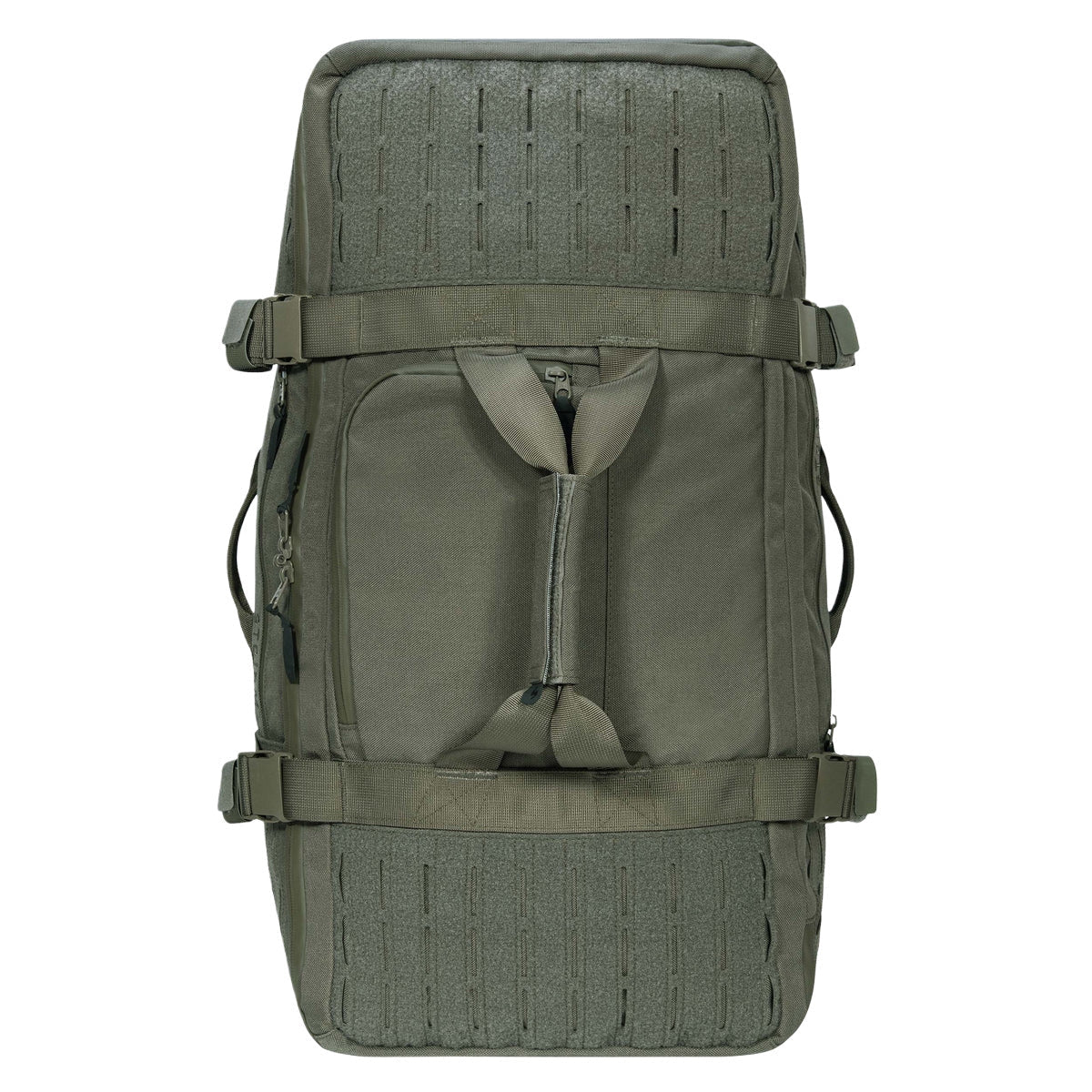 Die STOIRM 50L Duffel Bag von STOIRM ist eine geräumige olivgrüne Reisetasche mit mehreren Griffen, Kompressionsriemen, MOLLE-Gewebe und einer wasserabweisenden Außenseite, die auf einem schlichten weißen Hintergrund abgebildet ist.