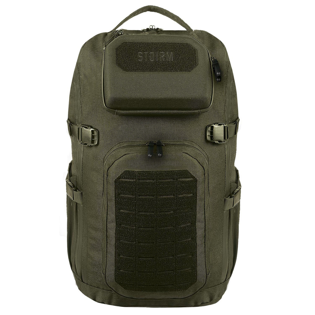 Der STOIRM 40L Tactical Pack GEN2 in Olivgrün bietet mehrere Fächer, MOLLE-Gewebe auf der Vorderseite, zwei Seitentaschen, gepolsterte Schultergurte, einen Griff an der Oberseite und einen STORM-Aufnäher - perfekt für alle Ihre Outdoor-Abenteuer.