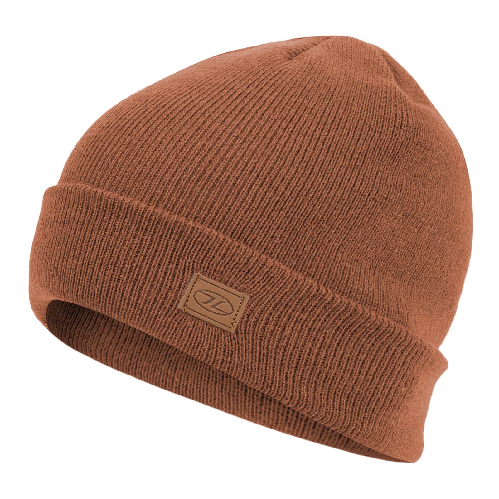 Die Highlander Strickmütze von HIGHLANDER OUTDOOR ist eine braune Strickmütze mit umgeschlagenem Bündchen und einem kleinen rechteckigen Logo-Patch auf der Vorderseite - ideal für den Winter.