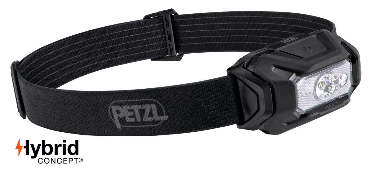 Die PETZL Stirnlampe ARIA® 1 RGB ist schwarz mit einem verstellbaren Gummiband, zwei Front-LEDs und einem sichtbaren PETZL-Logo. "Hybrid Concept" und "350 Lumen" sind in der linken unteren Ecke angebracht.