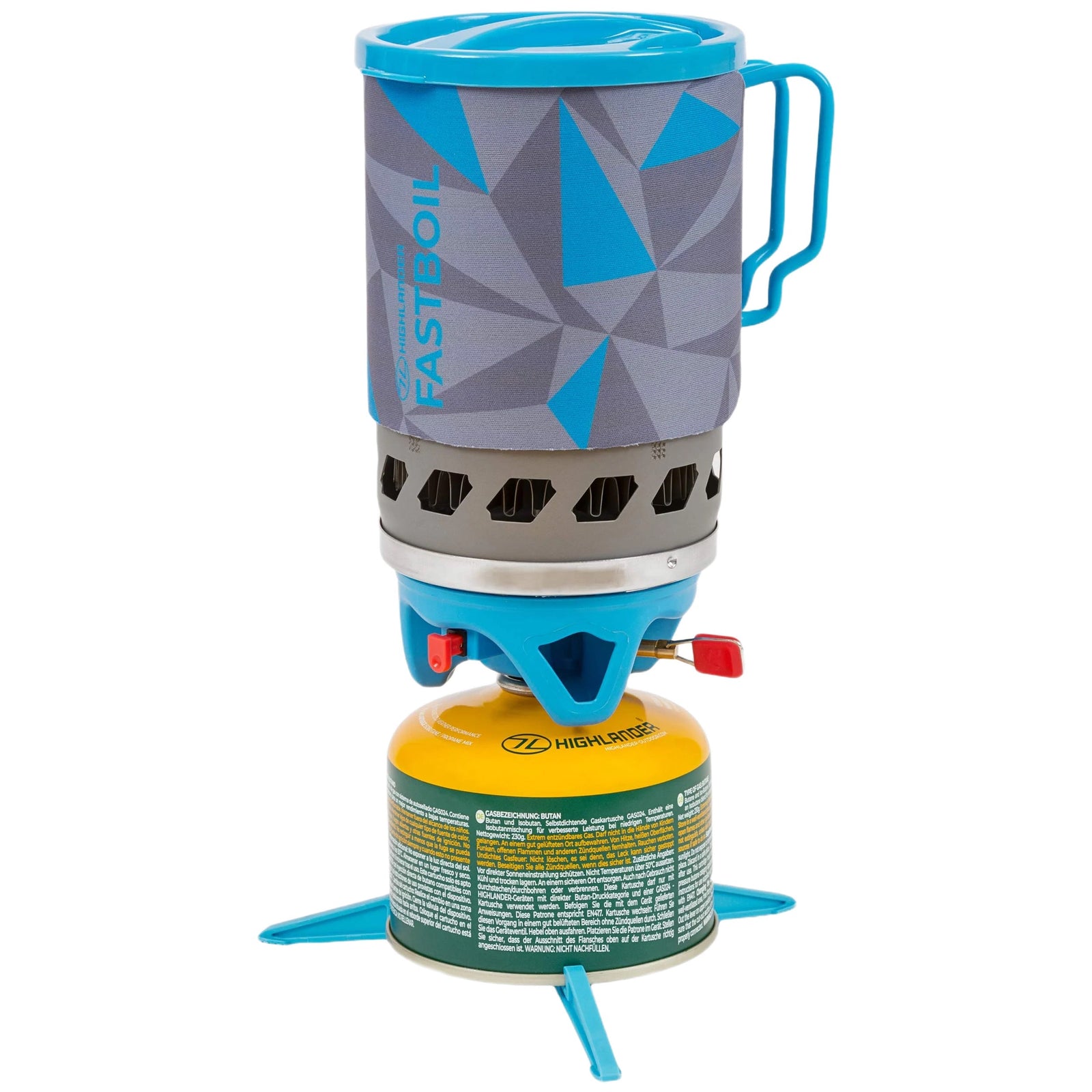 Der HIGHLANDER FORCES Camping Gaskocher Blade Fast Boil 3 hat ein blaues und graues geometrisches Design, ist auf einer Highlander-Gaskartusche montiert und verfügt über blaue Stabilisierungsfüße sowie einen roten Zündhebel.