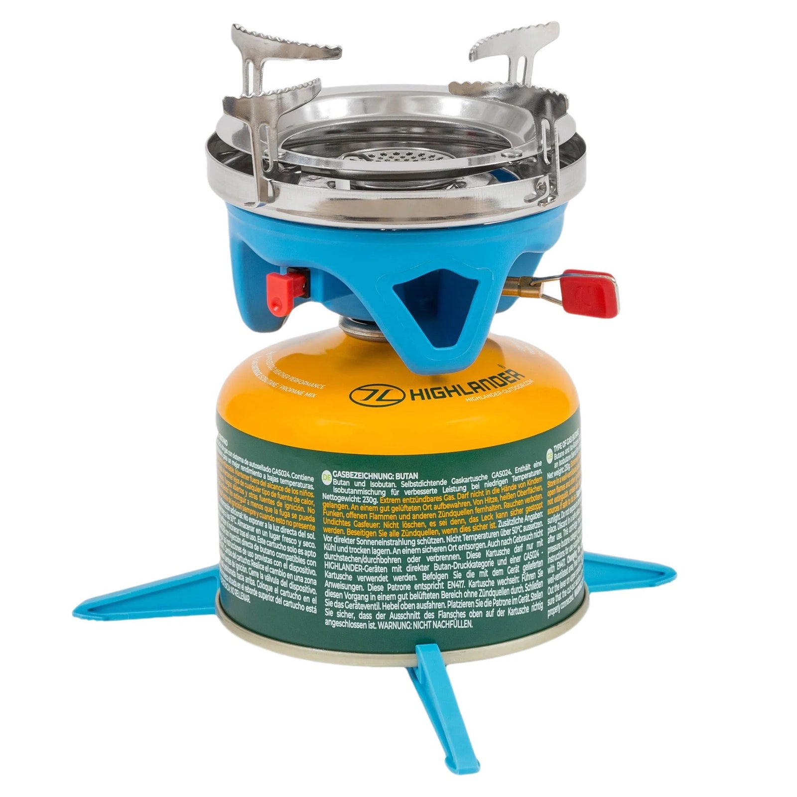 Der HIGHLANDER FORCES Camping Gaskocher Blade Fast Boil 3 hat einen blauen Sockel, einen gelben Gaskanister mit Sicherheitshinweisen, einen Metallbrenneraufsatz, blaue Stativbeine und ein Highlander-Logo - perfekt für Outdoor-Abenteuer.