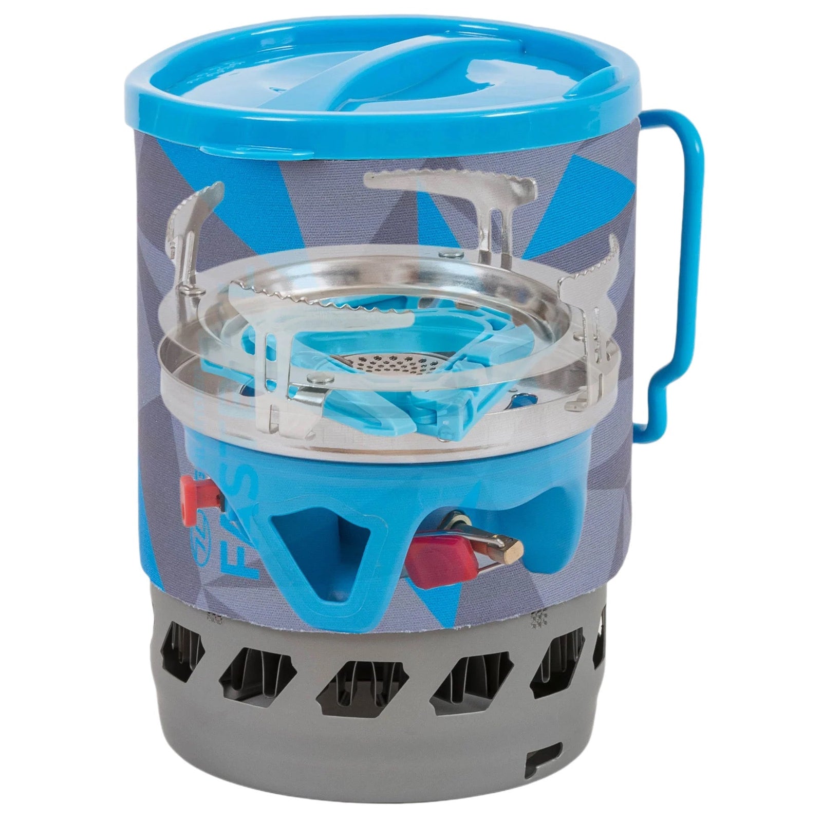 Der Highlander Camping Gaskocher Blade Fast Boil 3 von HIGHLANDER FORCES ist ein kompakter, tragbarer Kocher mit blauem Griff, Metallbrenner und integriertem Topf mit blauem Deckel - ideal zum Kochen im Freien.