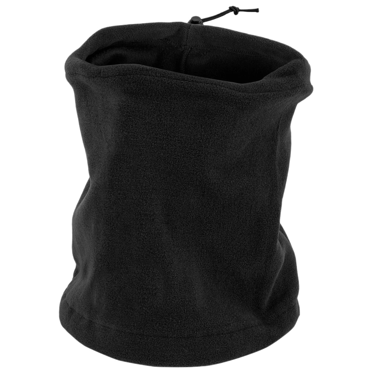 Ein schwarzer HIGHLANDER OUTDOOR Polar Fleece Neck Warmer mit verstellbarem Kordelzug steht aufrecht auf einem schlichten weißen Hintergrund.
