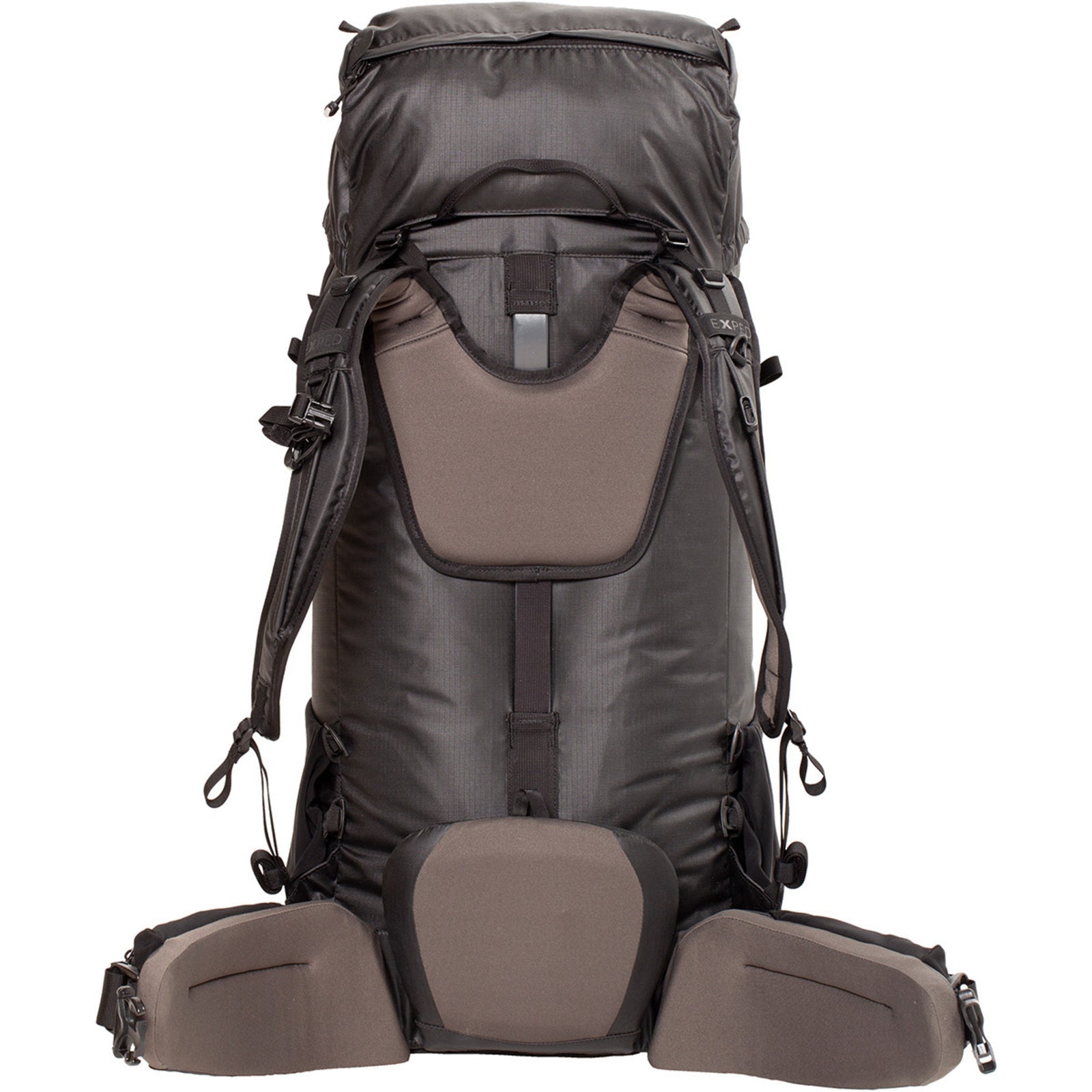 Der EXPED Rucksack Thunder 50, ein großer schwarz-grauer Trekkingrucksack, steht aufrecht. Er ist ideal für mehrtägige Touren und verfügt über gepolsterte Träger und Rücken, Hüftgurttaschen, mehrere Verstellriemen und einen Verschluss mit Klappe.