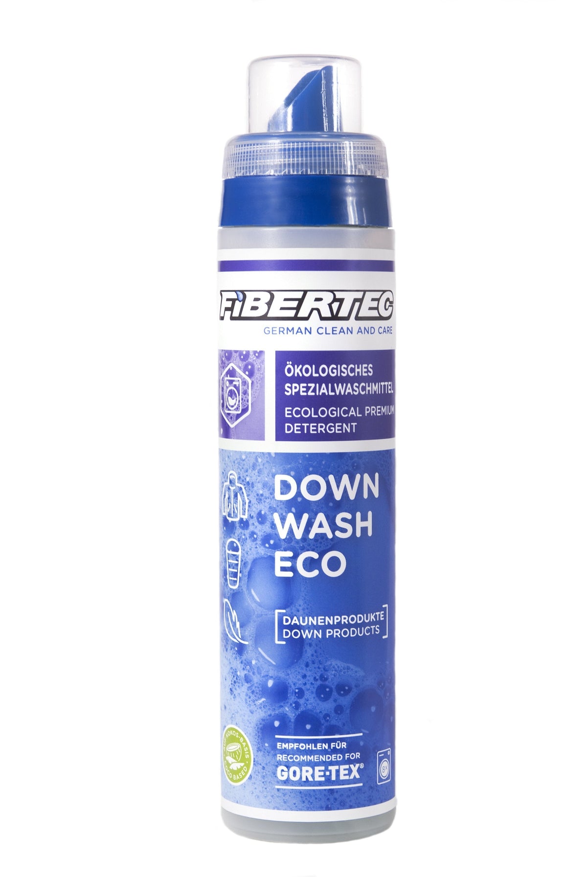 Das FIBERTEC Down Wash Eco 250ml ist ein hochwertiges, umweltfreundliches Waschmittel für Daunenschlafsäcke und -jacken mit blauem und weißem deutsch/englischem Etikett und wird für Gore-Tex-Produkte empfohlen.