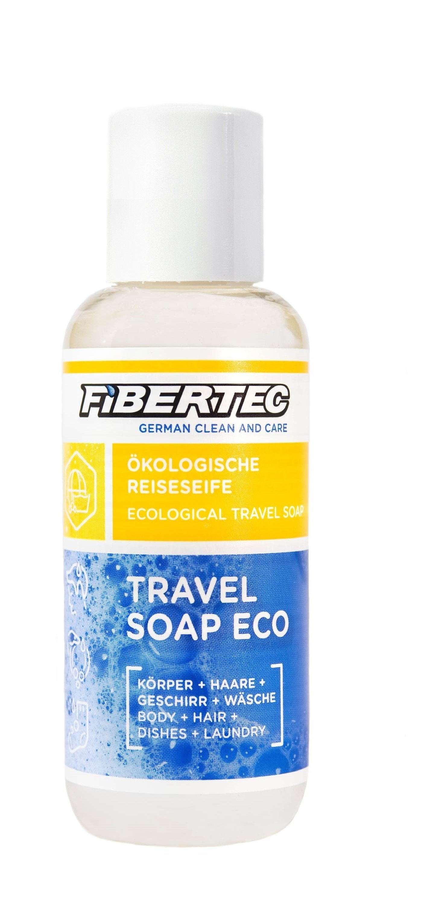 Eine 250ml Flasche FIBERTEC Reiseseife Eco mit pH 5, weißem Verschluss und blau-gelbem Etikett. Geeignet für Körper, Haare, Geschirr und Wäsche, beschriftet in Deutsch und Englisch.