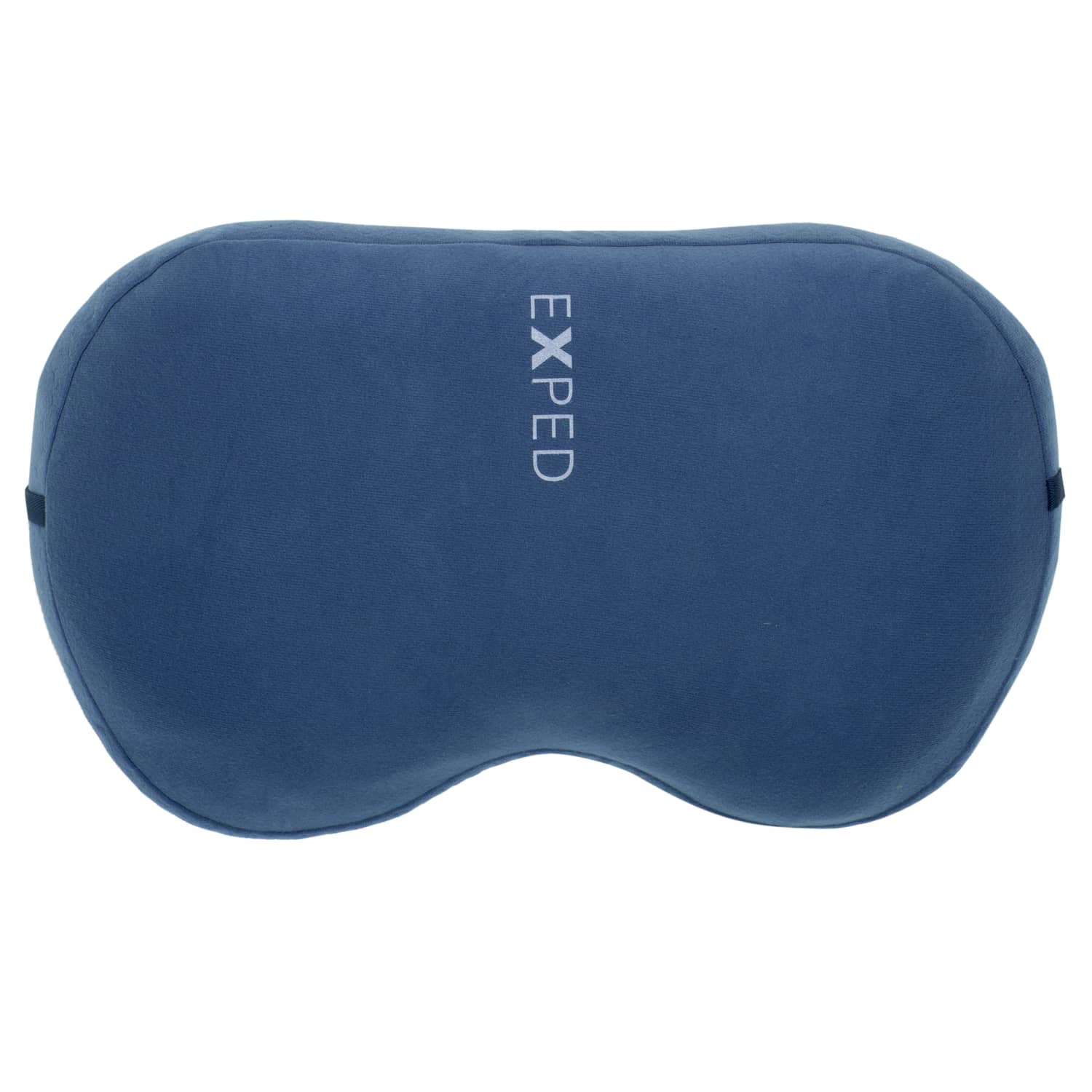 Eine blaue, konturierte EXPED Kissen Down Pillow L Schlafmaske mit "EXPED" in Weiß in der Mitte - ideal für Ihre Campingausflüge und perfekt zu kombinieren mit Ihrem ergonomischen Reisekissen oder verstellbaren Luftkissen.