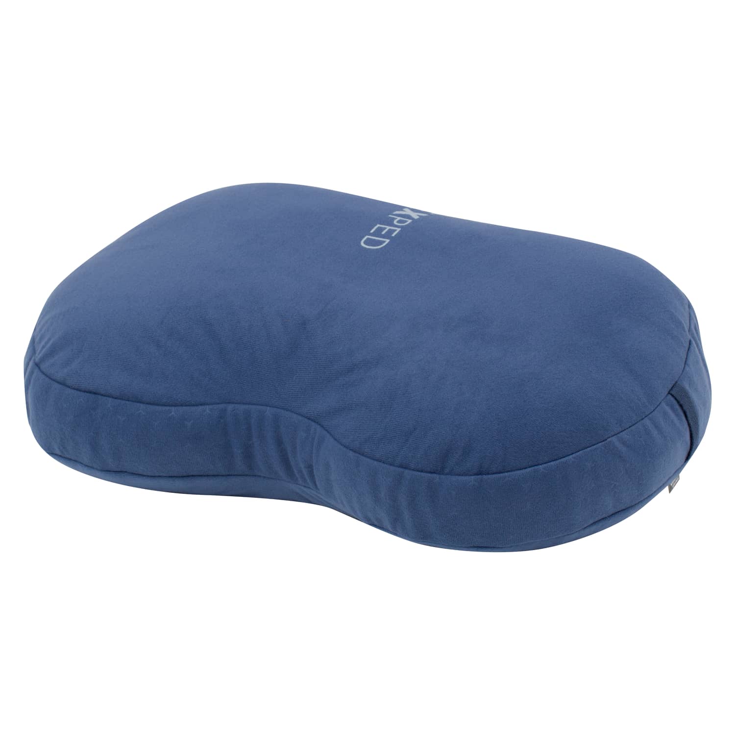 Das EXPED Exped Kissen Down Pillow L ist ein blaues, nierenförmiges Reisekissen mit weichem Stoff und dezenten Nähten auf weißem Hintergrund.