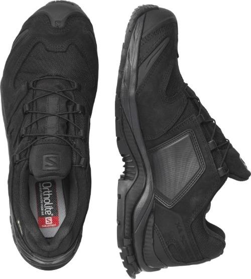 Der von oben und von der Seite gezeigte Salomon XA FORCES GTX - Black von SALOMON FORCES verfügt über Obermaterial aus Mesh und Synthetik, dicke Gummisohlen und Ortholite-Einlegesohlen - perfekt als Outdoorstiefel oder für den taktischen Einsatz.