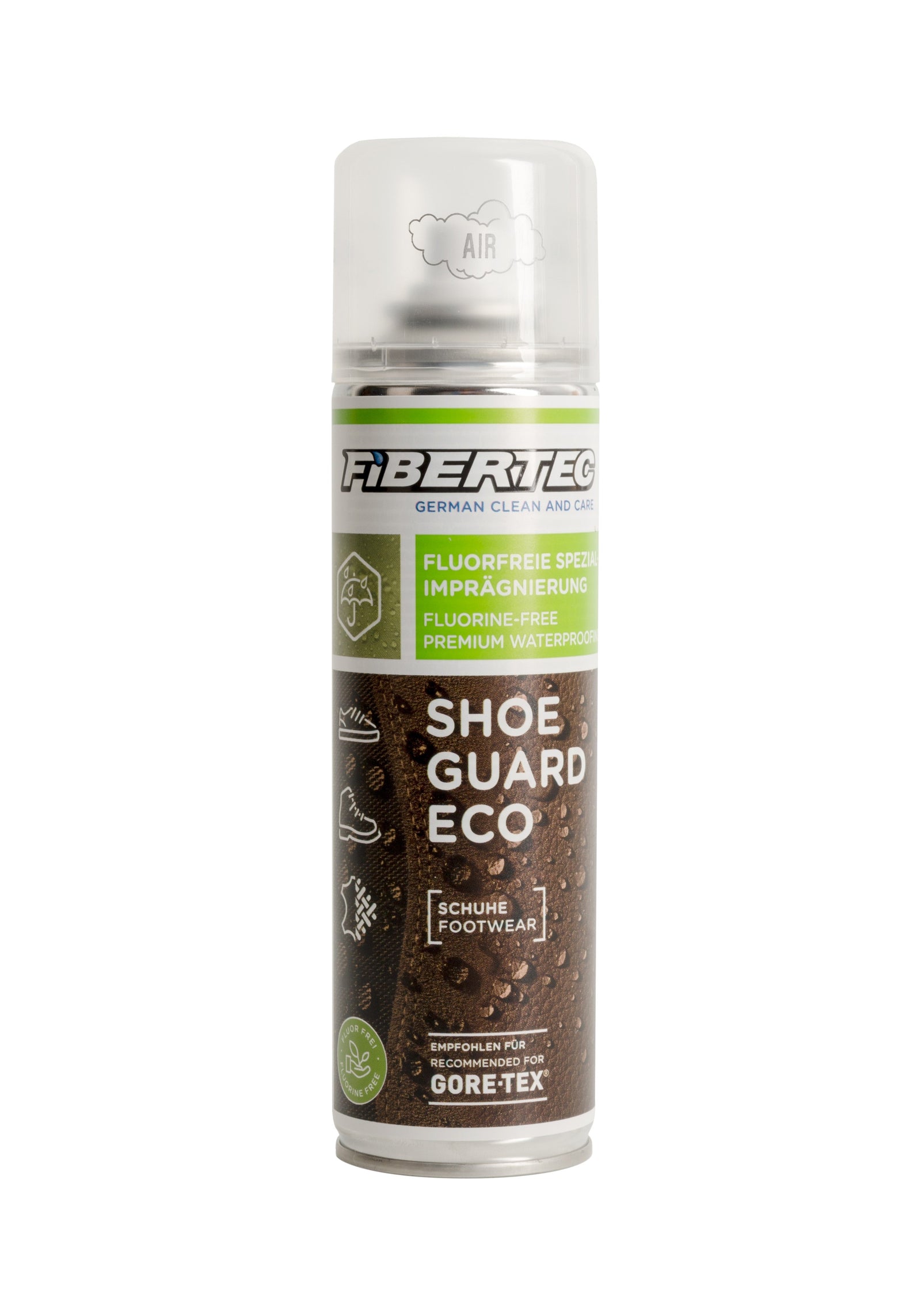 Eine 200-ml-Dose FIBERTEC Fibertec Shoe Guard Eco, ein fluorfreies, hochwertiges wasserabweisendes Spray für Schuhe und Gore-Tex-Schuhe, in grün-weißem Design.