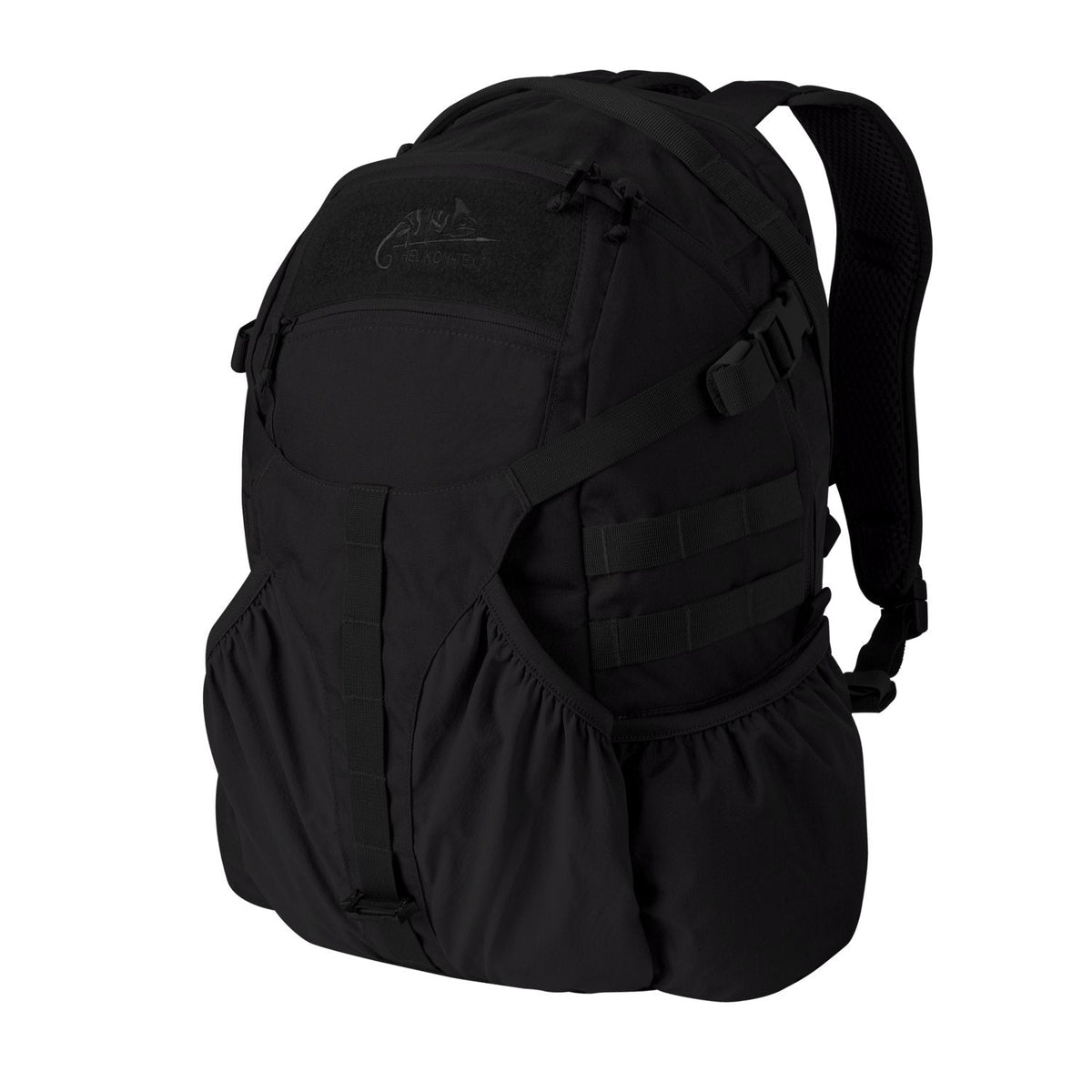 Der HELIKON-TEX Raider Backpack® ist ein schwarzer Rucksack mit mehreren Fächern, seitlichen Netztaschen, gepolsterten Schultergurten, seitlichen Schnallen und einem vielseitigen Einsatzsystem - ideal für den Outdoor- oder taktischen Einsatz.
