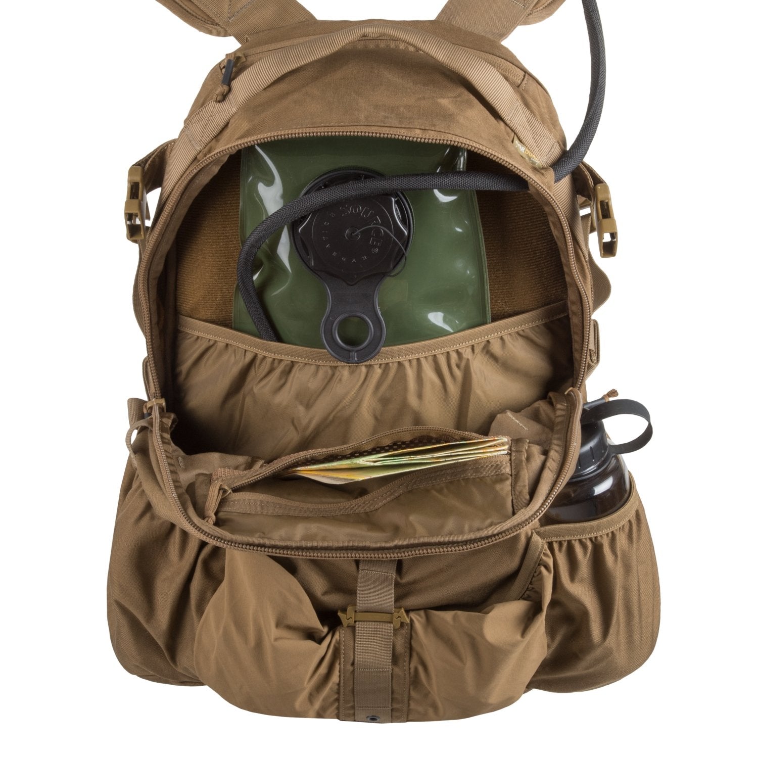 Ein geöffneter HELIKON-TEX Helikon-Tex Raider Backpack® zeigt ein Trinkreservoir, eine Wasserflasche und Papiere in seinem Hauptfach, mit organisierten Taschen, Gurten und dem Versatile Insert System - perfekt für jedes Abenteuer.