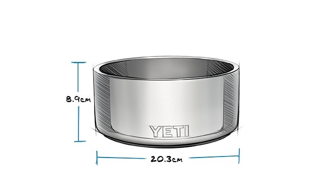 Ein navyfarbener YETI® Hundenapf Boomer™ 8 von YETI mit einer Höhe von 8,9 cm und einer Breite von 20,3 cm ist in der Abbildung mit einem schlanken Design und blauen Messlinien dargestellt.