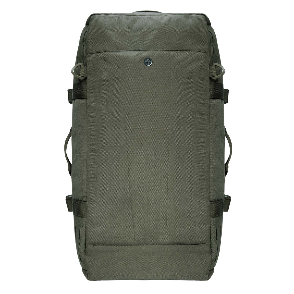 Die STOIRM 50L Duffel Bag ist eine große, rechteckige olivgrüne Tasche mit mehreren seitlichen und oberen Griffen, einem kleinen runden Logo in der Nähe der oberen Mitte und einem praktischen, minimalistischen, wasserabweisenden Design ohne sichtbare Reißverschlüsse oder Muster.