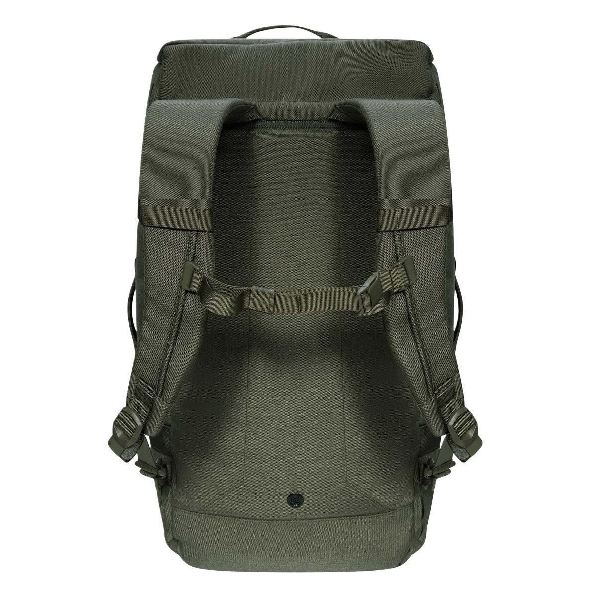 Die STOIRM 50L Duffel Bag von STOIRM wird von hinten gezeigt, mit gepolsterten Schultergurten, verstellbaren Schnallen, einem Brustgurt und einem wasserabweisenden Finish vor einem schlichten weißen Hintergrund.