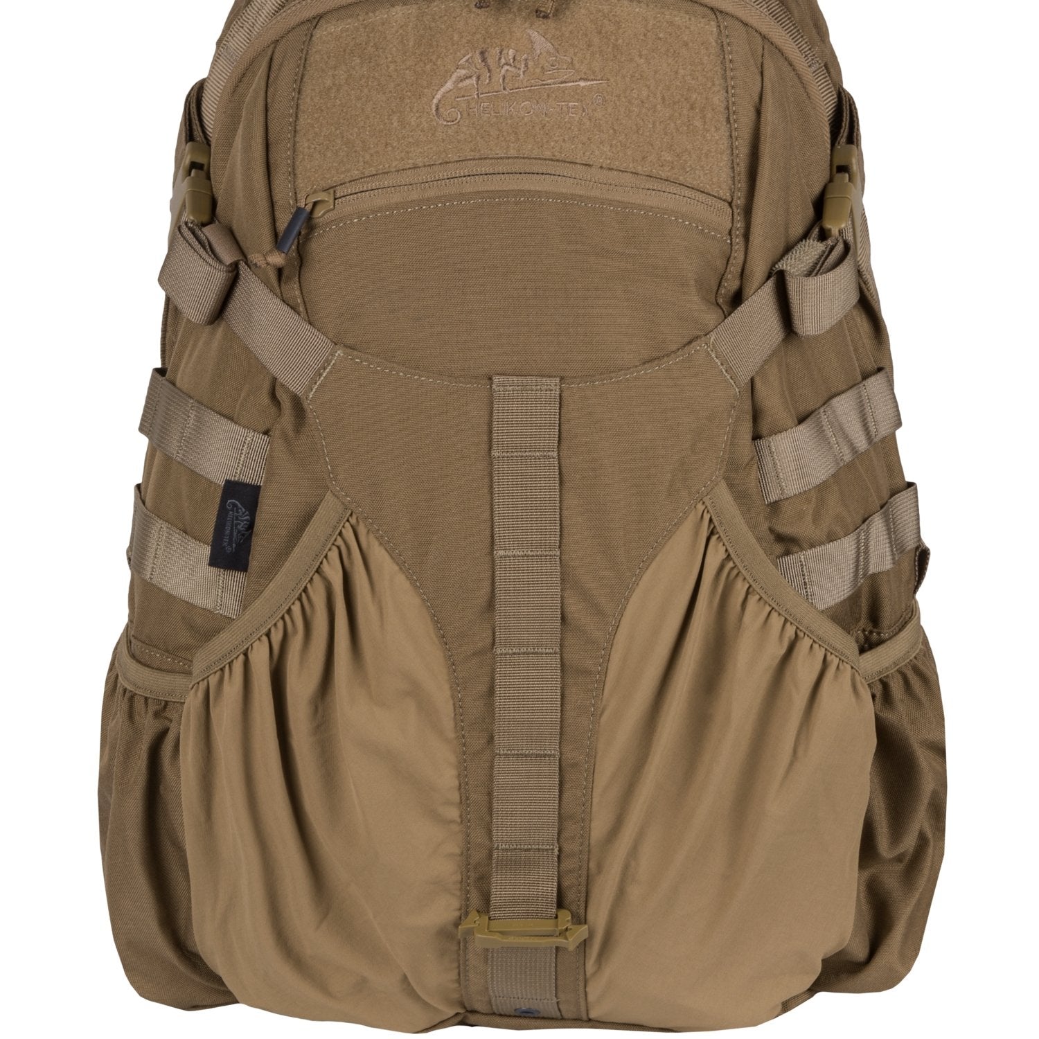 Der HELIKON-TEX Raider Backpack® in Hellbraun bietet mehrere Fächer, verstellbare Gurte, Seitentaschen, MOLLE-Gewebe und ein vielseitiges Einsatzsystem - ideal für den Outdoor- oder Militäreinsatz.