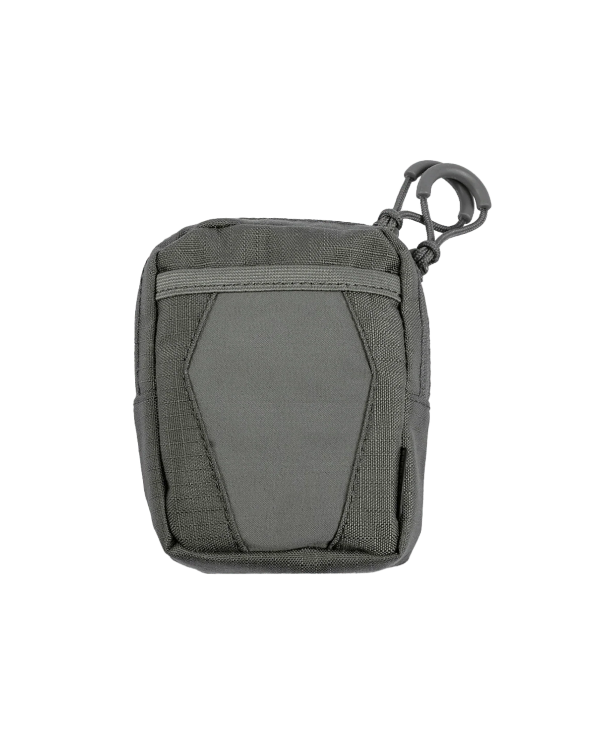 Die EBERLESTOCK Recon Utility Pouch ist eine kleine, graue, rechteckige Tasche mit einer Vordertasche, einem Reißverschluss und einem Kunststoff-Clip an der oberen Ecke - perfekt als MOLLE-kompatible Zusatztasche zur einfachen Befestigung an Taschen oder Gürteln.