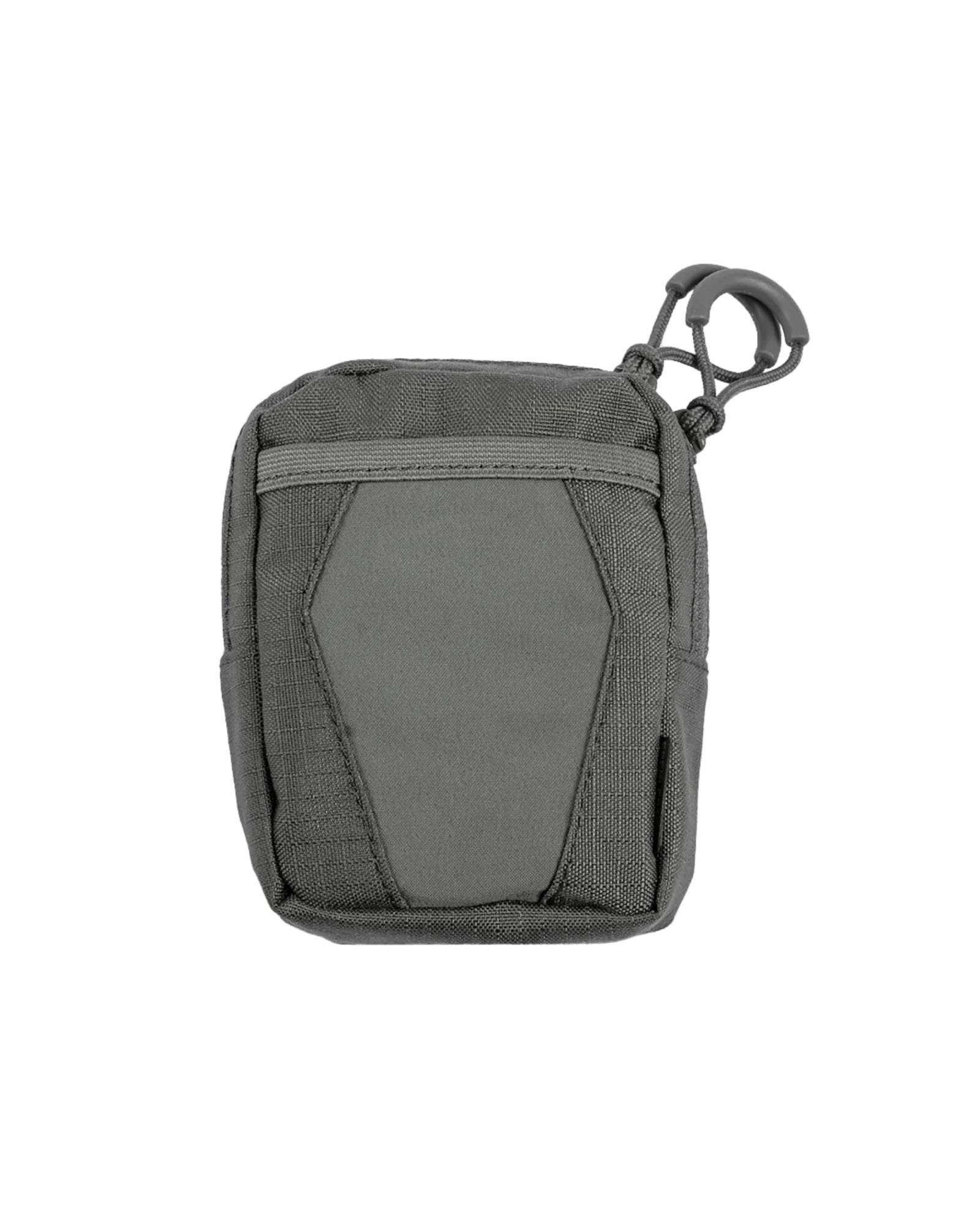 Die EBERLESTOCK Recon Utility Pouch ist eine kleine, graue, rechteckige Tasche mit einer Vordertasche, einem Reißverschluss und einem Kunststoff-Clip an der oberen Ecke - perfekt als MOLLE-kompatible Zusatztasche zur einfachen Befestigung an Taschen oder Gürteln.