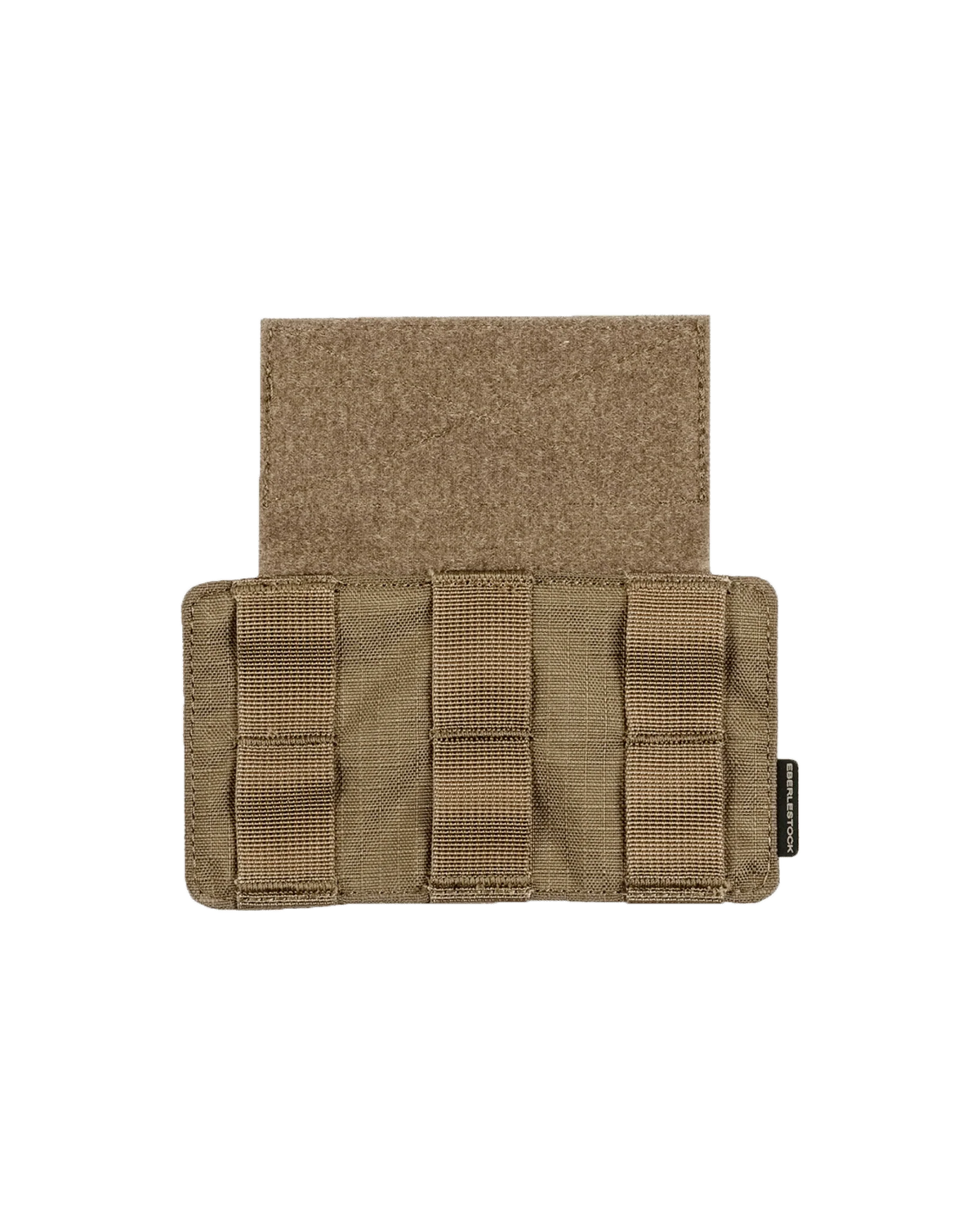 Tanfarbene Tasche für taktische Ausrüstung mit drei vertikalen Riemen auf der Vorderseite und einem großen Klettverschluss auf der Rückseite. Kompatibel mit dem EBERLESTOCK Recon MOLLE Panel und anderen MOLLE-Systemen, abgebildet auf einem schlichten weißen Hintergrund.