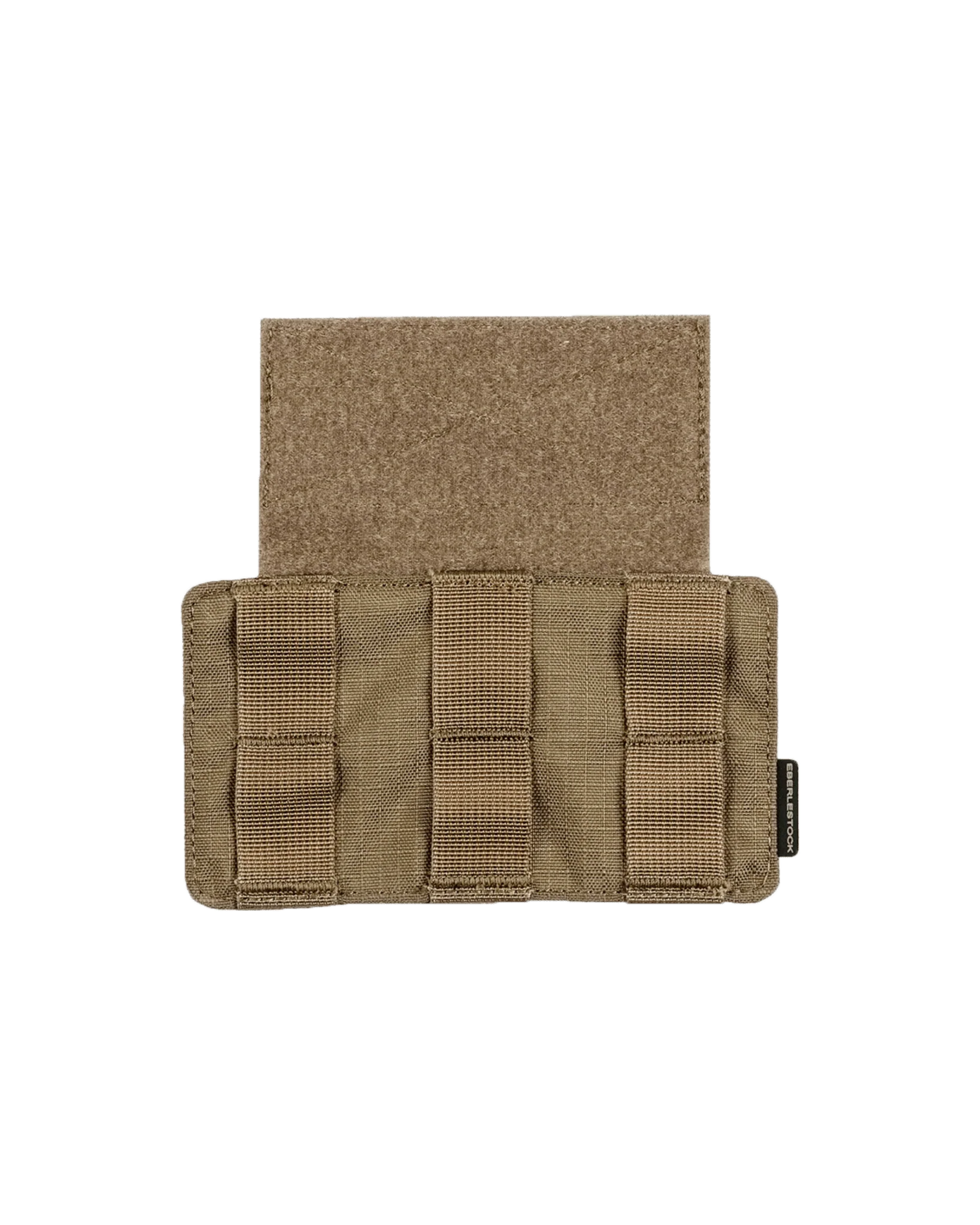 Tanfarbene Tasche für taktische Ausrüstung mit drei vertikalen Riemen auf der Vorderseite und einem großen Klettverschluss auf der Rückseite. Kompatibel mit dem EBERLESTOCK Recon MOLLE Panel und anderen MOLLE-Systemen, abgebildet auf einem schlichten weißen Hintergrund.