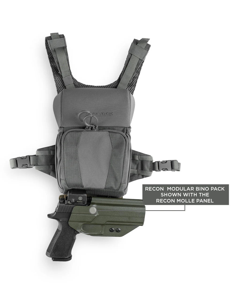Abgebildet ist ein EBERLESTOCK Recon MOLLE Panel mit einem grauen Modular Bino Harness und einer darunter befestigten Pistole im Holster. Das Etikett lautet: "Recon Modular Bino Pack abgebildet mit dem Recon MOLLE Panel und MOLLE-kompatiblen Taschen.
