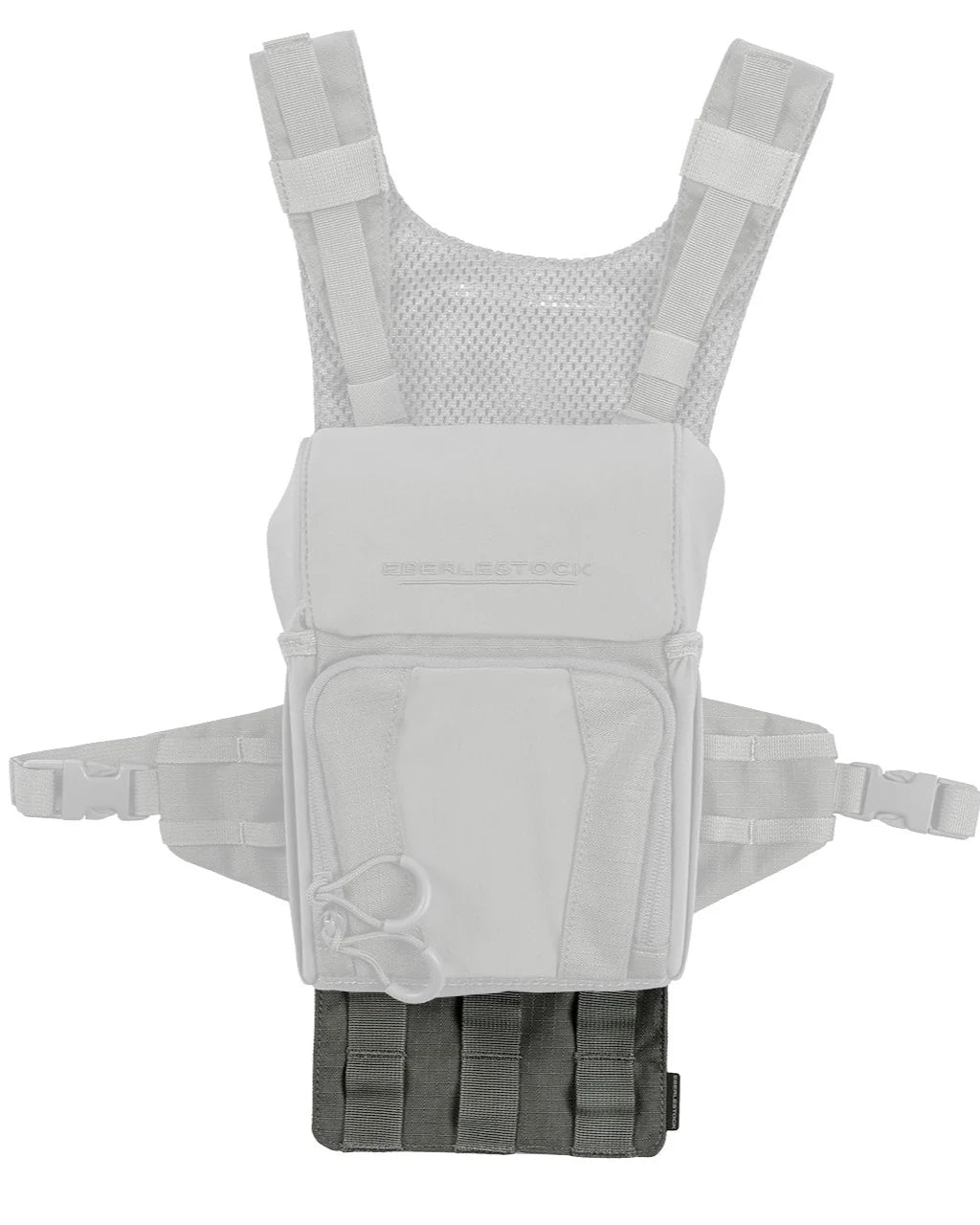 Weißes taktisches Brustgeschirr mit verstellbaren Gurten, Netzrückwand, Fronttasche mit Reißverschluss und schwarzem MOLLE-Gewebe - kompatibel mit dem EBERLESTOCK Eberlestock Recon MOLLE Panel für modulare Ausrüstungszusammenstellungen.