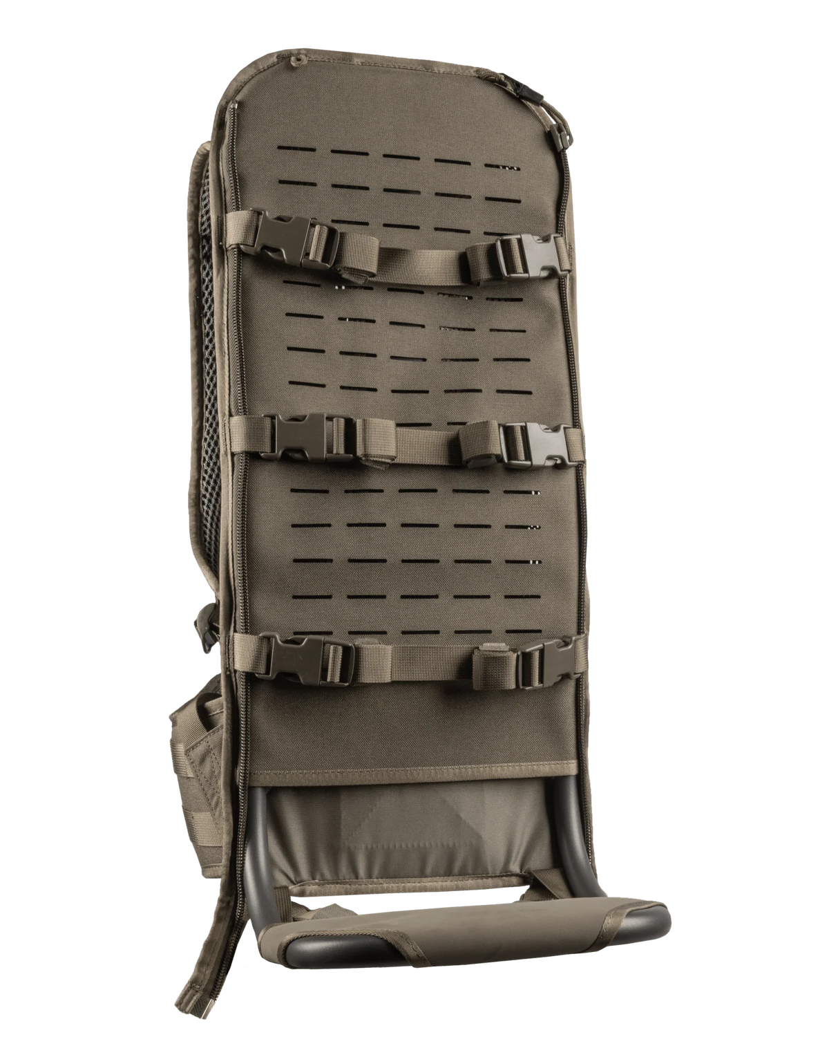 Olivgrüner, modularer Rucksack mit MOLLE-kompatiblem, lasergeschnittenem Gurtband, Schnallenriemen, seitlichem Reißverschluss, Netztasche und festem Bodenrahmen mit Tragegriff - vergleichbar mit dem EBERLESTOCK Eberlestock Mainframe - Regular.