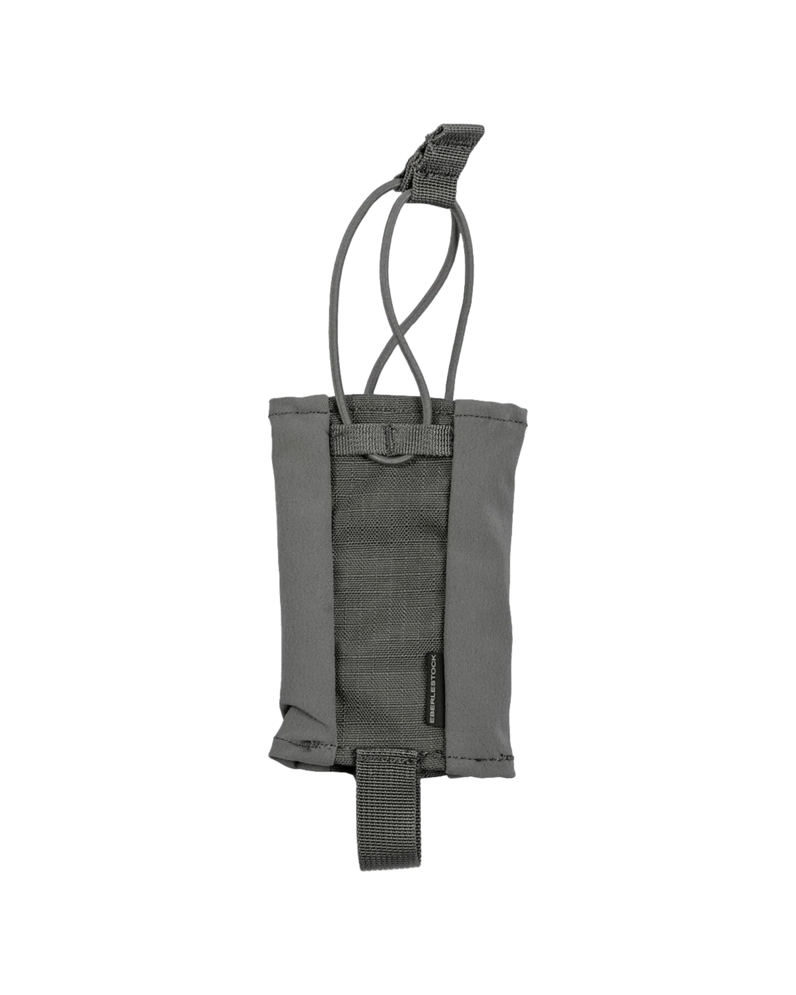 Die EBERLESTOCK Recon Bear Spray Pouch ist eine graue, rechteckige Stofftasche mit offener Oberseite, verstellbaren elastischen Kordeln und zwei Zuglaschen - ideal für das Tragen von Bärenspray oder kleinen Gegenständen als modulares Bino-Gurtzeug-Zubehör.