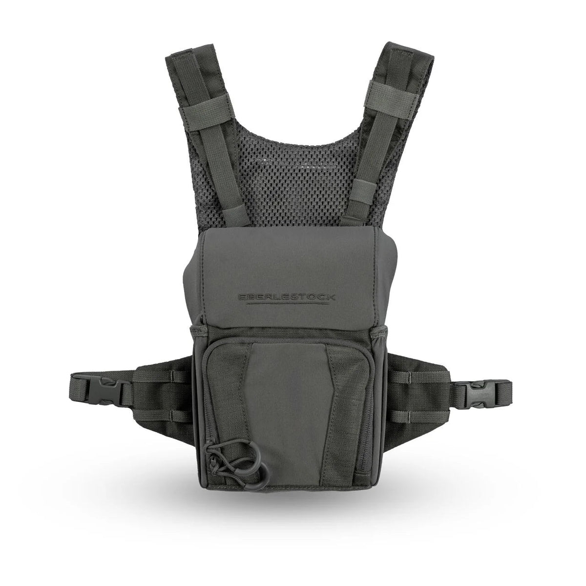Das EBERLESTOCK Recon Modular Bino Pack Small in Dunkelgrau verfügt über verstellbare Schultergurte, ein Netzrückenpanel, eine Fronttasche mit Reißverschluss und seitliche Schnallen - und ein vielseitiges Fernglas-Tragesystem auf der Brust zum sicheren Tragen der Ausrüstung.