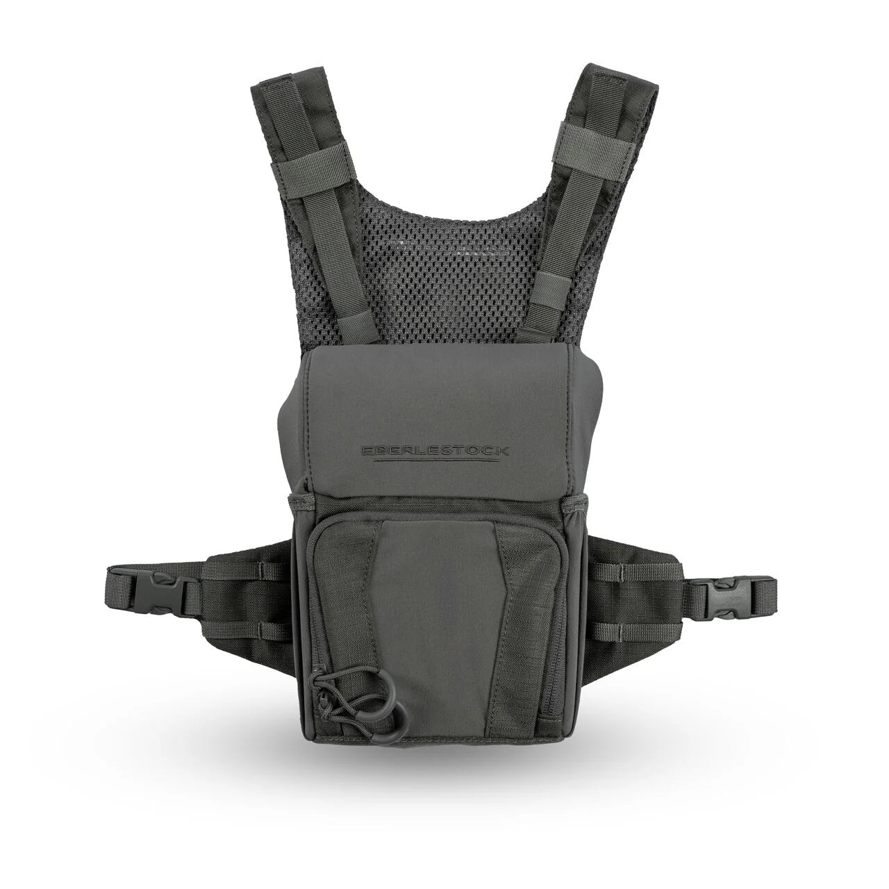 Das EBERLESTOCK Recon Modular Bino Pack Large ist ein dunkelgrünes Brustgeschirr mit verstellbaren Schultergurten, Netzrückwand, Fronttasche mit Reißverschluss und seitlichen Schnallengurten - ideal als modulares Bino Pack oder Fernglas-Tragesystem.