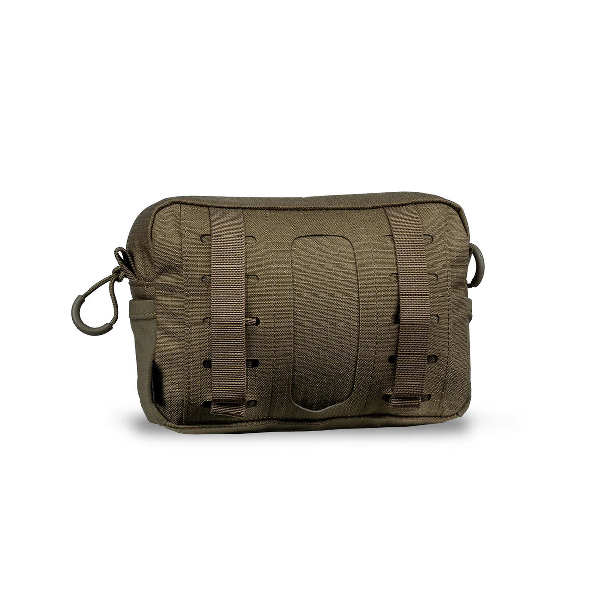Eine kompakte, rechteckige olivgrüne Tasche von EBERLESTOCK, die General Purpose Pouch Large, mit Gurtbändern und Befestigungsschlaufen auf der Vorderseite, gitterförmigem Stoff und einem Reißverschluss auf der Oberseite.