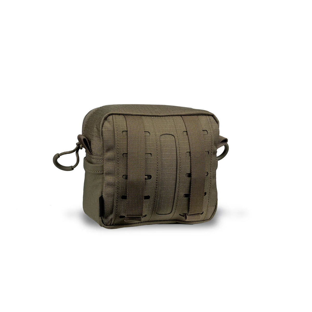 Die EBERLESTOCK General Purpose Pouch Small in Olivgrün ist aus strapazierfähigem 500D Cordura-Nylon gefertigt und verfügt über MOLLE-kompatible Gurtbänder, einen Reißverschluss an der Oberseite und zwei Befestigungshaken. Abgebildet auf einem schlichten weißen Hintergrund.