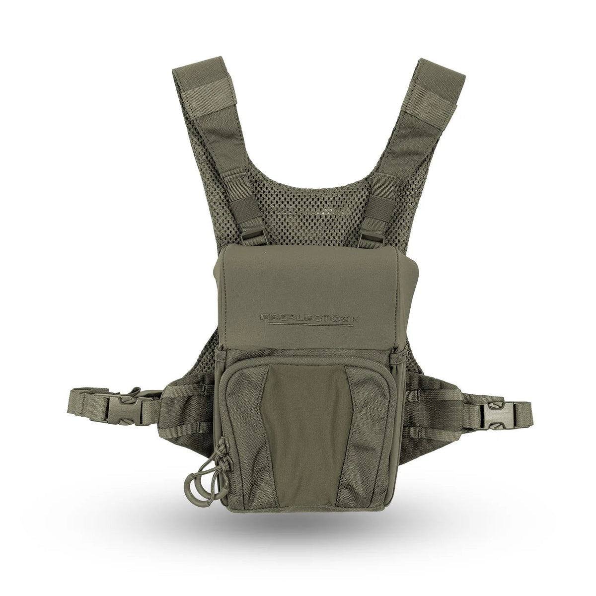 Der EBERLESTOCK Recon Modular Bino Pack Large in Olivgrün verfügt über verstellbare Schultergurte, Netzrücken und Reißverschlusstaschen - ideal zum Tragen von Ausrüstung auf der Brust.