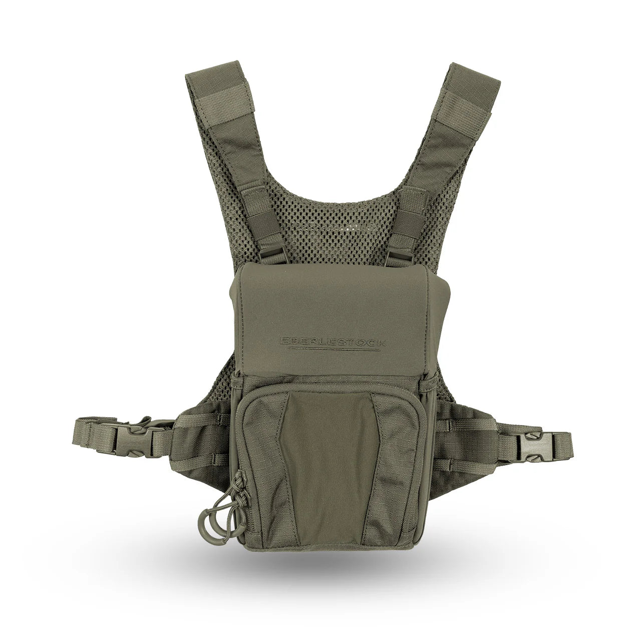 Der EBERLESTOCK Recon Modular Bino Pack Large in Olivgrün verfügt über verstellbare Schultergurte, Netzrücken und Reißverschlusstaschen - ideal zum Tragen von Ausrüstung auf der Brust.