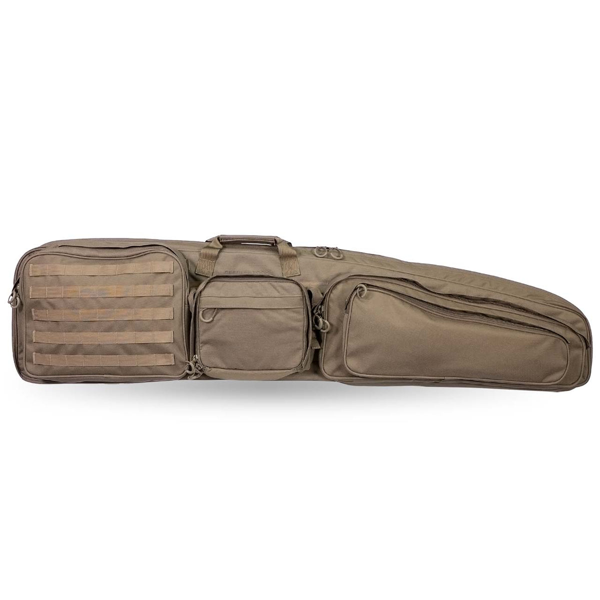 Die EBERLESTOCK Sniper Sled Drag Bag 52" ist eine braune, rechteckige Tasche mit drei Reißverschlussfächern und einem Griff an der Oberseite, die für den Transport und die Aufbewahrung von Schusswaffen oder taktischer Ausrüstung konzipiert ist.