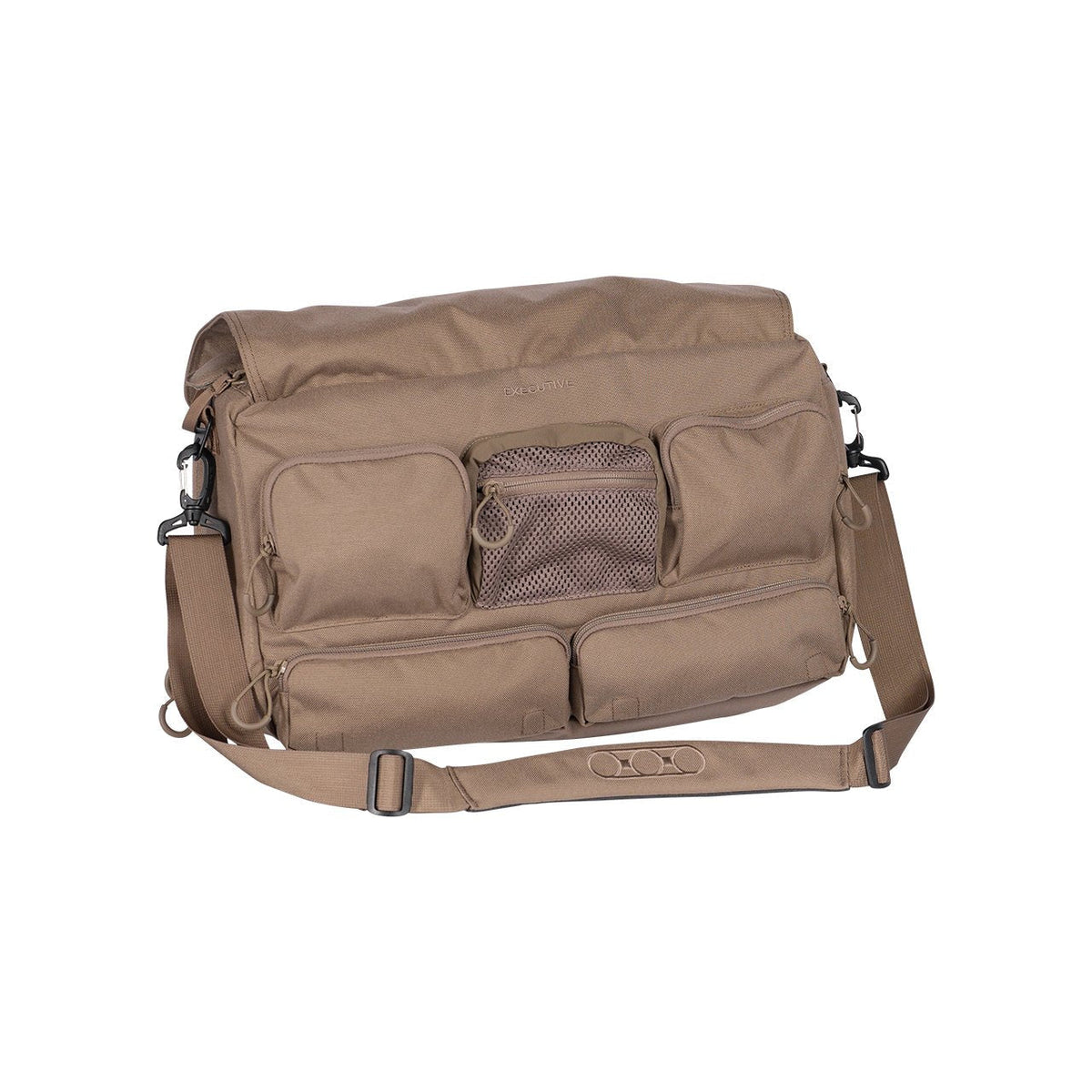 Die EBERLESTOCK Eberlestock Executive Brief ist eine braune Kuriertasche mit mehreren Reißverschlusstaschen, einer Netztasche vorne und einem verstellbaren Schultergurt. In diese robuste Tasche passen verschiedene Gegenstände, einschließlich eines 17 Zoll Laptops.