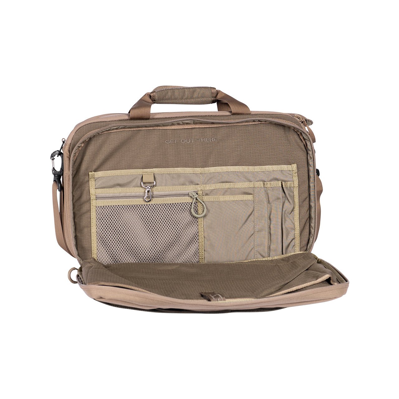 Die EBERLESTOCK Executive Brief ist eine braune Aktentasche mit Tragegriff, Reißverschlussfächern, Netztasche, Stifthalter und offener Frontklappe - ideal für die Unterbringung Ihres 17-Zoll-Laptops, abgebildet auf weißem Hintergrund.