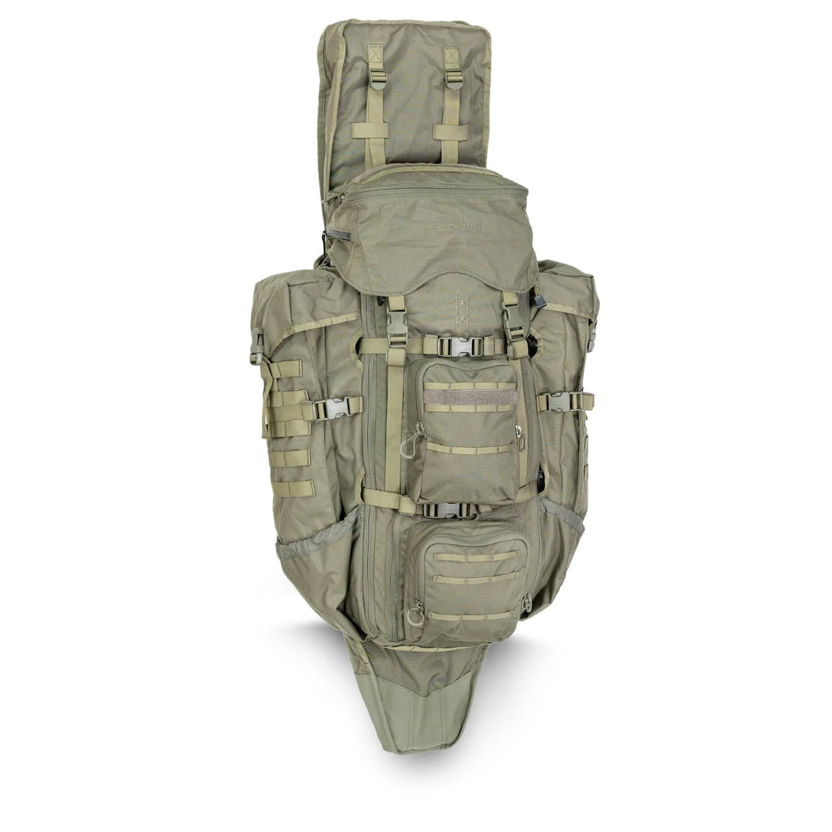 Der EBERLESTOCK G4 Operator Pack ist ein großer, olivgrüner taktischer Rucksack mit mehreren Fächern, Taschen, verstellbaren Gurten, MOLLE-Gurtband und robusten Schnallen - ideal als Scharfschützen-Rucksack für den Outdoor- oder Militäreinsatz.