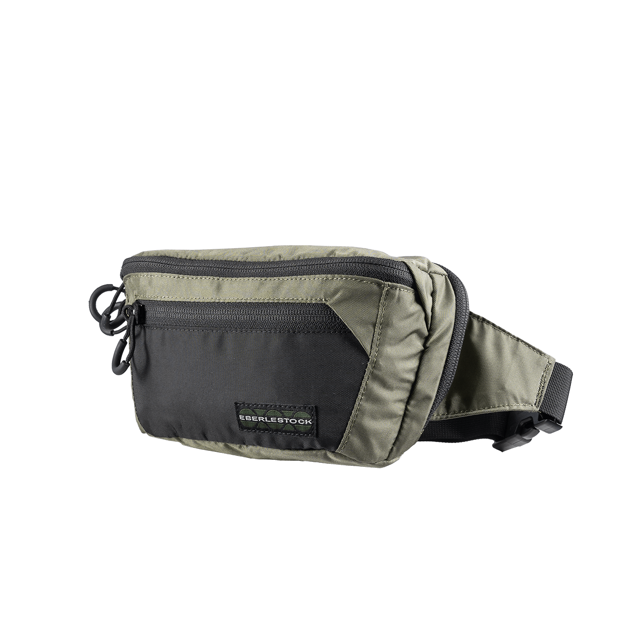 Die EBERLESTOCK Bando Bag Standard ist eine kompakte, zweifarbige Hüfttasche in Olivgrün und Schwarz mit mehreren Reißverschlussfächern und einem verstellbaren Gurt, ideal als taktische Tasche, hier auf weißem Hintergrund.