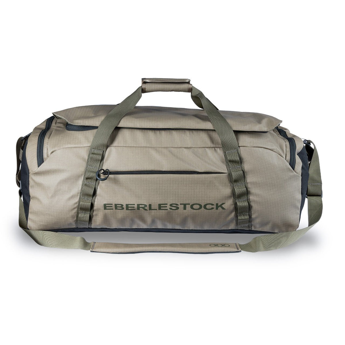 Die EBERLESTOCK Hyllus Duffel 65 mit grünen Trägern, einem gepolsterten Griff und Reißverschlusstaschen in Khaki ist auf weißem Hintergrund zu sehen - perfekt für jedes Abenteuer.