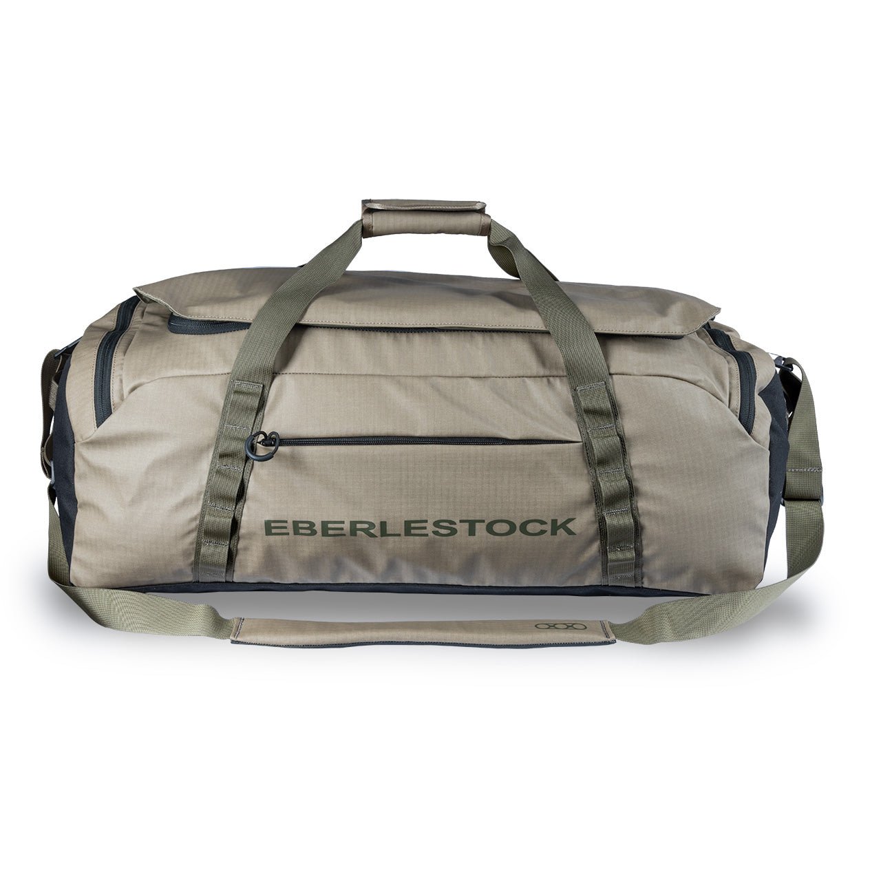 Die EBERLESTOCK Hyllus Duffel 65 mit grünen Trägern, einem gepolsterten Griff und Reißverschlusstaschen in Khaki ist auf weißem Hintergrund zu sehen - perfekt für jedes Abenteuer.