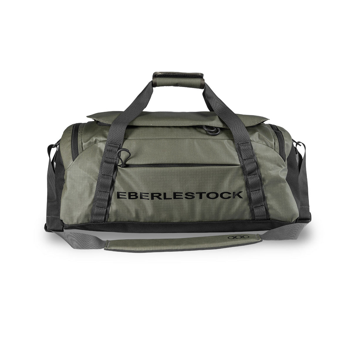 Der EBERLESTOCK Hyllus Duffel 45 in Militärgrün hat schwarze Gurte, einen gepolsterten Griff, einen Schultergurt, Reißverschlussfächer und den Markennamen auf der Vorderseite - ideal für Outdoor-Reisen und Abenteuer.