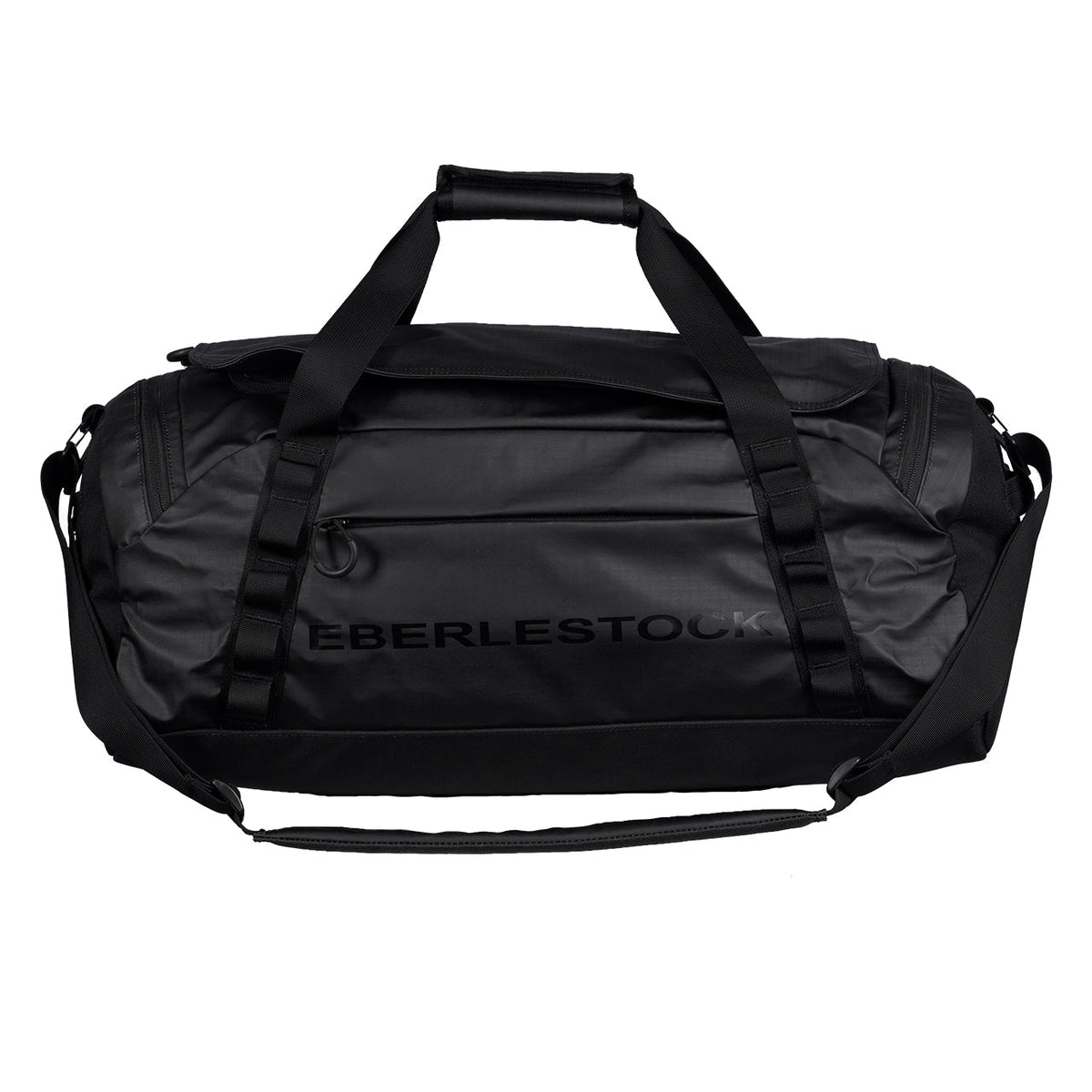 Die schwarze EBERLESTOCK Hyllus Duffel 45 ist eine elegante 45-Liter-Tasche mit zwei Griffen, verstellbarem Schultergurt, auffälligem Branding auf der Vorderseite und mehreren Reißverschlussfächern für vielseitige Aufbewahrung.