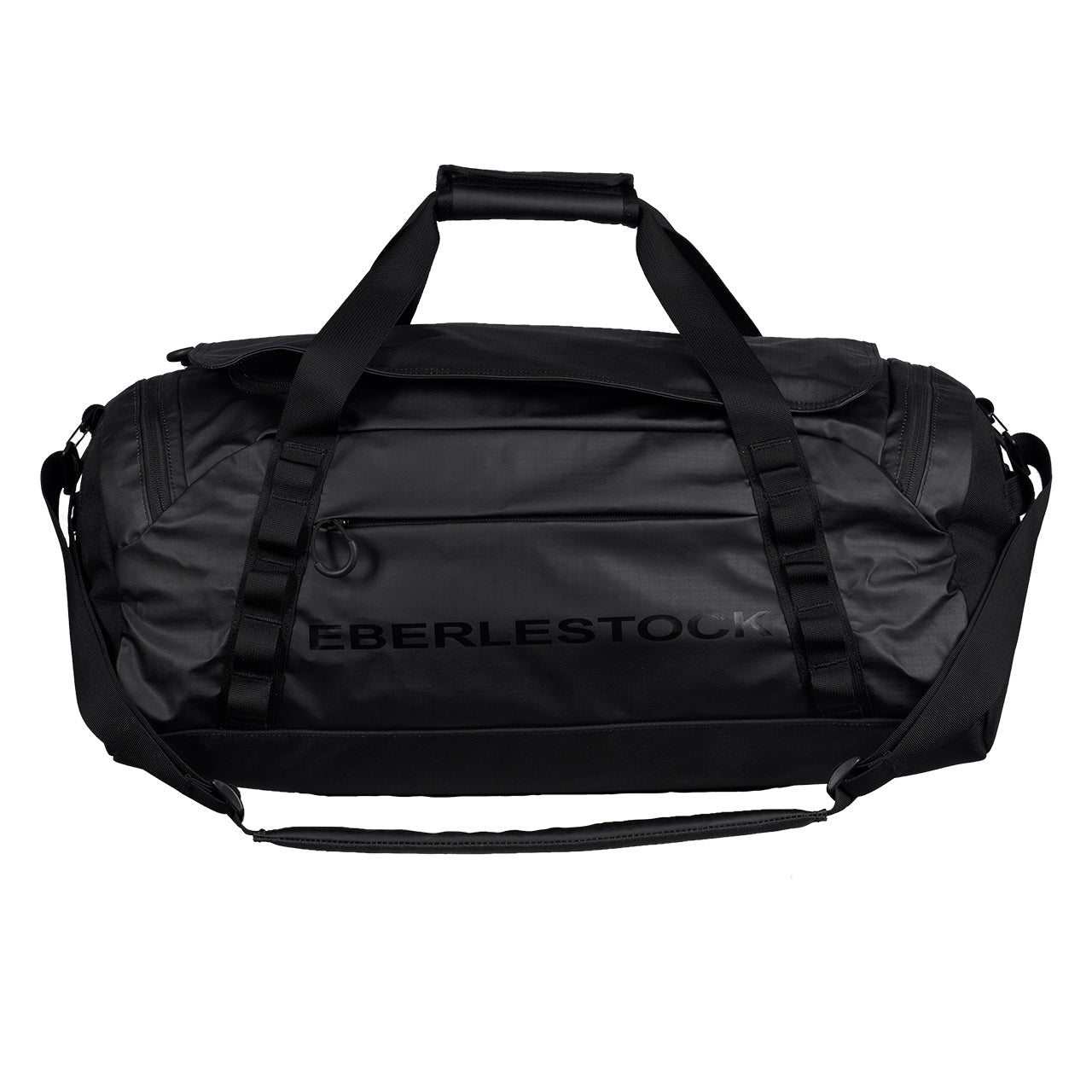 Die schwarze EBERLESTOCK Hyllus Duffel 45 ist eine elegante 45-Liter-Tasche mit zwei Griffen, verstellbarem Schultergurt, auffälligem Branding auf der Vorderseite und mehreren Reißverschlussfächern für vielseitige Aufbewahrung.