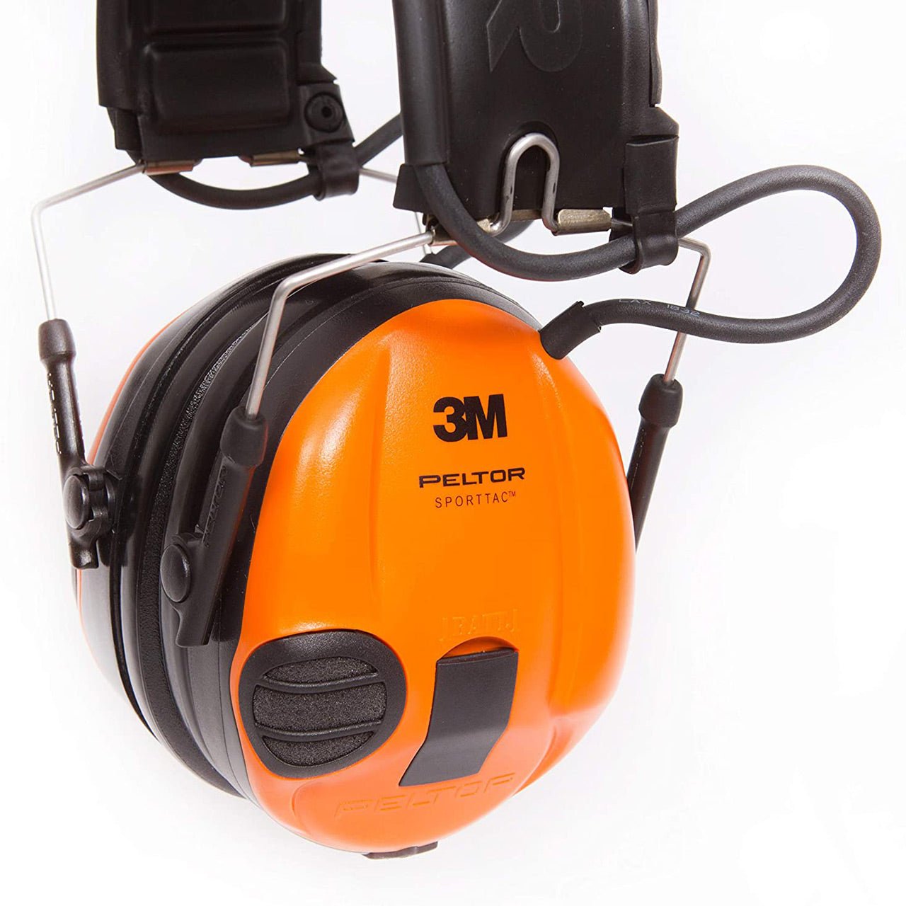 Nahaufnahme des 3M Peltor Gehörschutz SportTac in Orange mit schwarzer Polsterung und verstellbaren Metalldrähten, mit schallpegelabhängigem Gehörschutz, ideal für Gehörschutz Jagd und hervorragenden Gehörschutz.