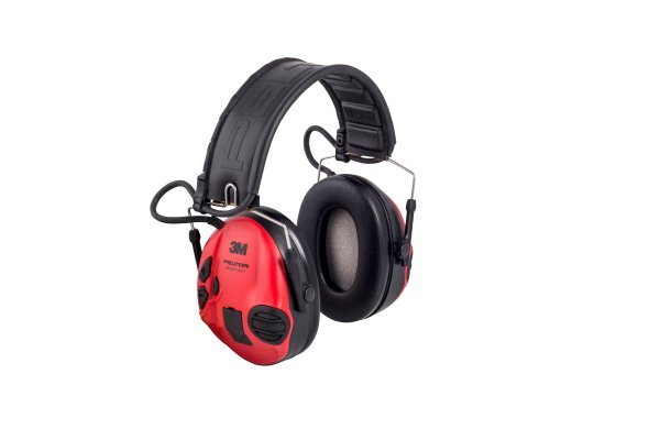 Der 3M Peltor Gehörschutz SportTac verfügt über rote Ohrmuscheln, ein schwarzes, gepolstertes Kopfband und integrierte Bedienelemente für eine optimale Lärmreduzierung bei der Jagd oder im industriellen Einsatz.