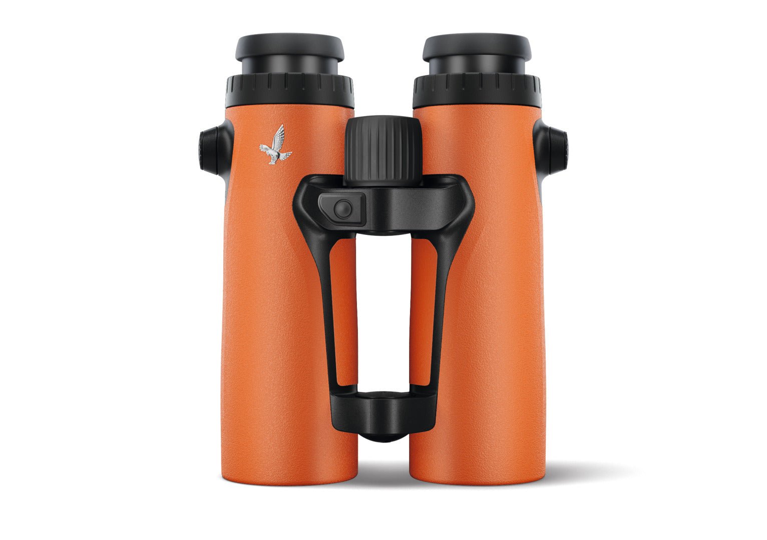 Das SWAROVSKI OPTIK Fernglas EL Range 8x42 TA verfügt über leuchtend orangefarbene Schäfte, schwarze Okulare, einen zentralen Fokussierknopf, ein silbernes Vogellogo auf dem linken Schaft und einen integrierten Entfernungsmesser zur präzisen Entfernungsmessung.