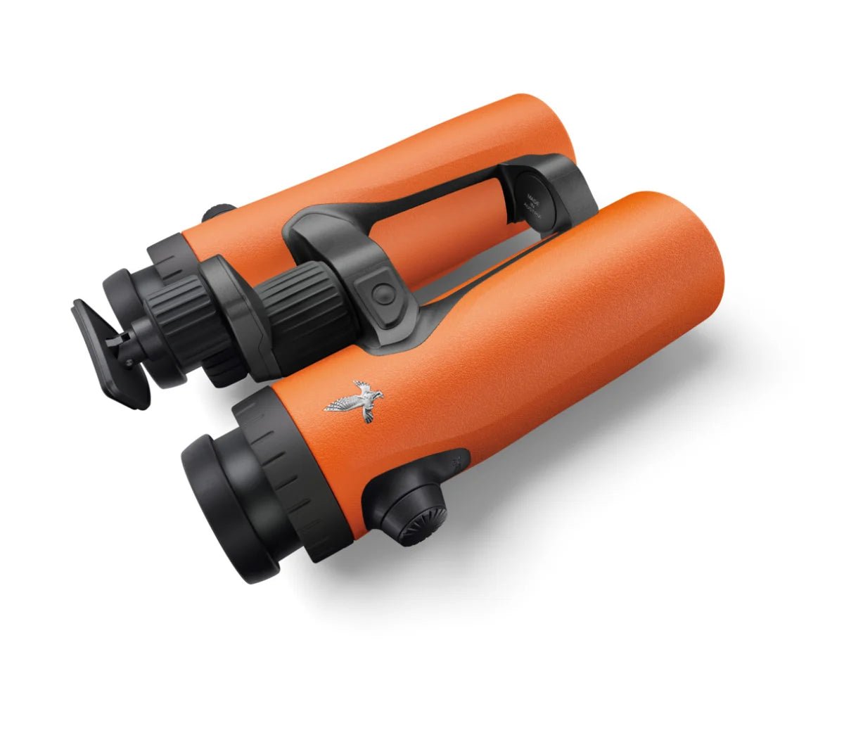 Das SWAROVSKI OPTIK Fernglas EL Range 8x42 TA zeichnet sich durch ein orange-schwarzes Design, einen strukturierten Griff, ein zentrales Fokussierrad, ein seitliches Markenemblem und ein Entfernungsmesser auf weißem Hintergrund aus.